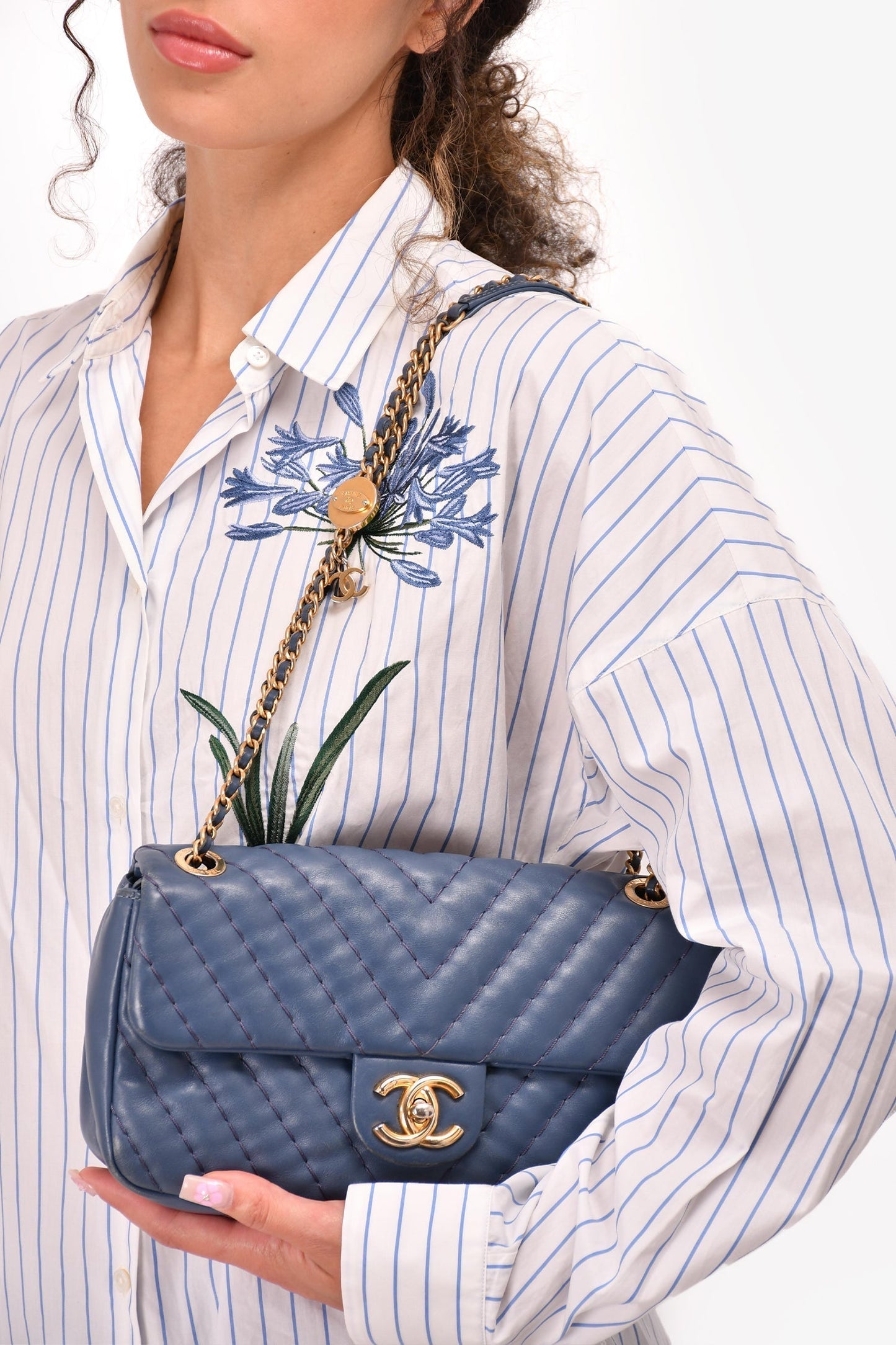 Chanel 2012 Blue Quilted Chevron Single Flap Medallion Charm Chain Bag