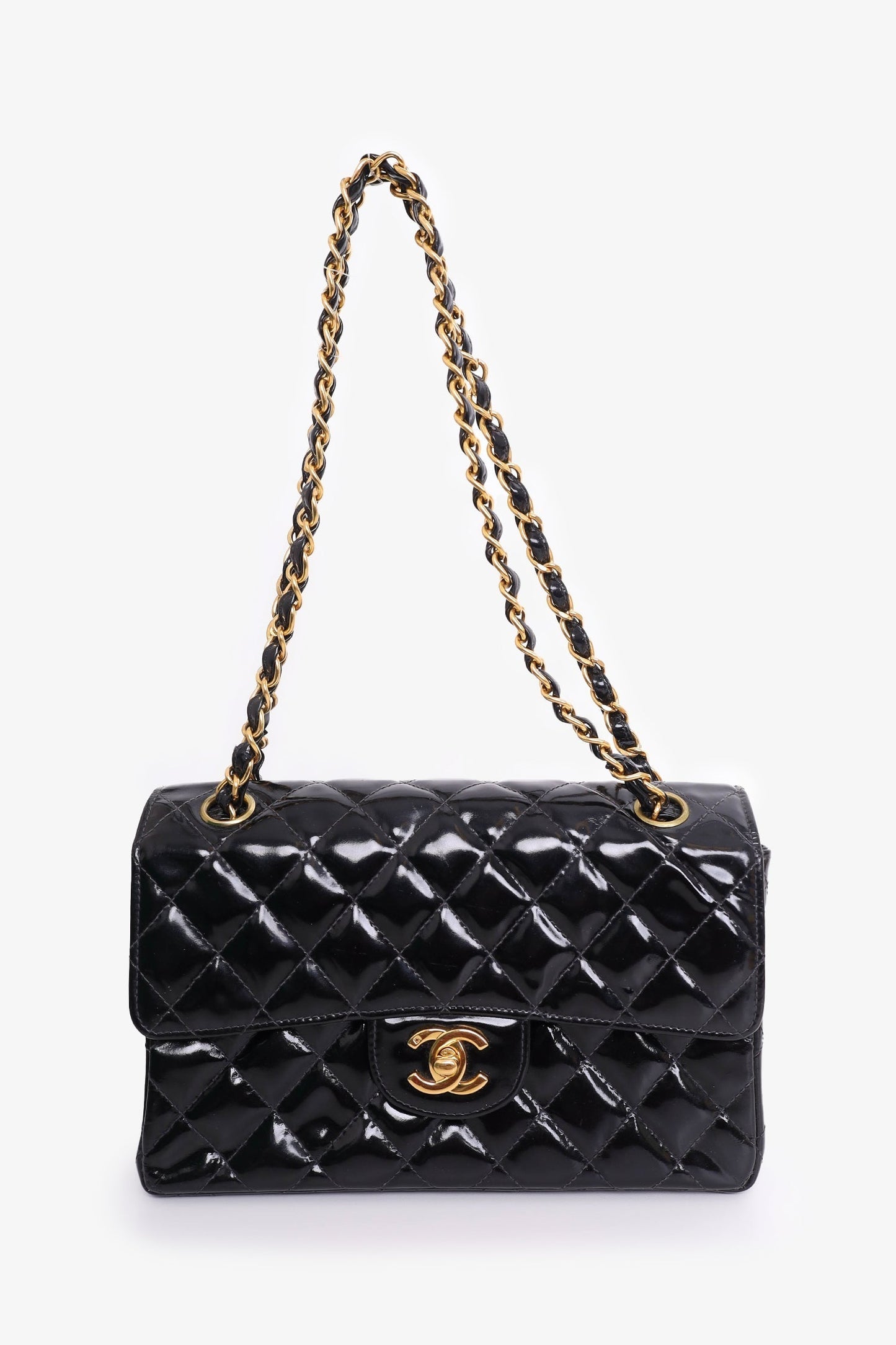 Chanel 1996-97 Black Quilted Patent Double Sided Flap Bag