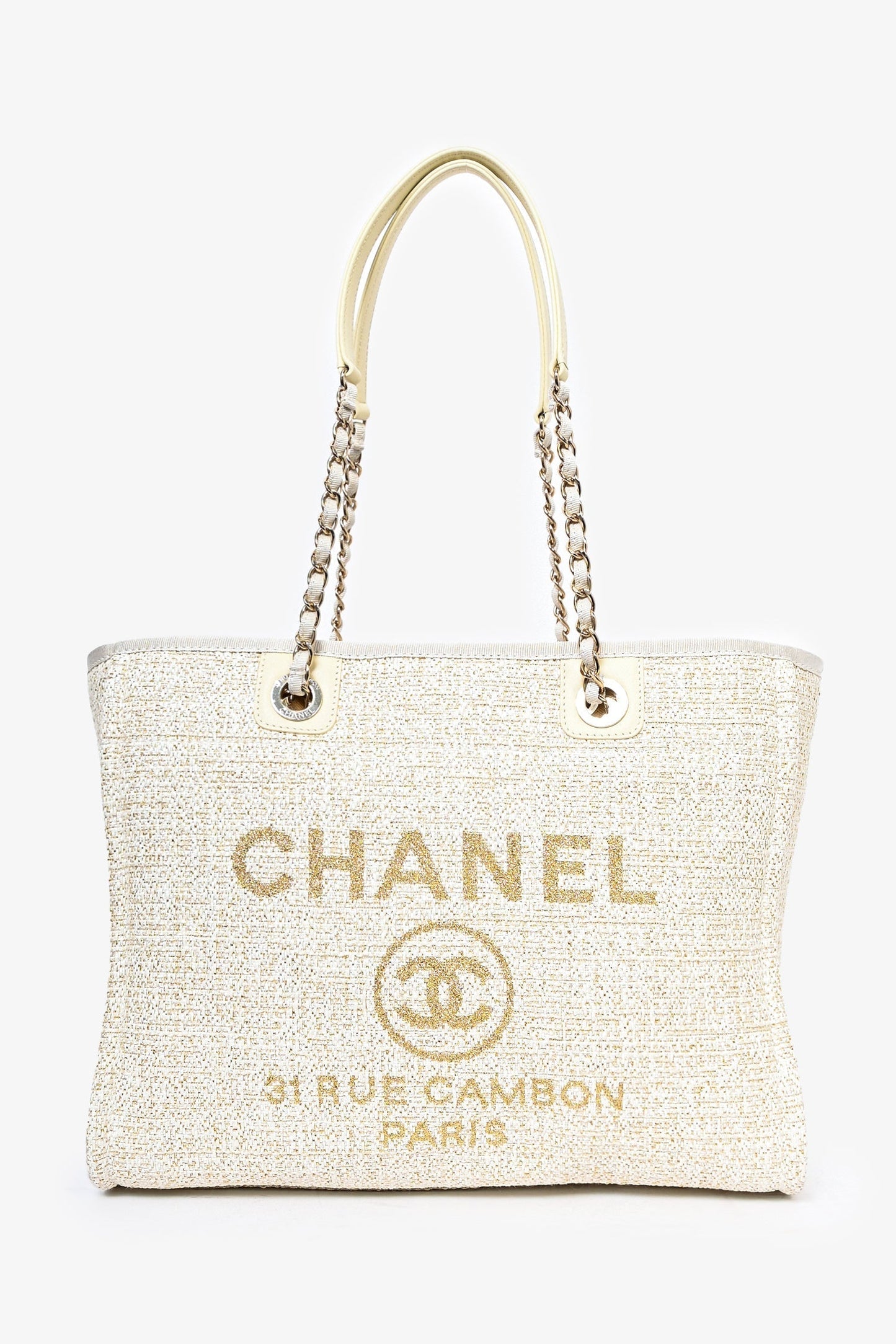 Chanel 2021/22 Beige/Gold Metallic Tweed Small Deauville Shopping Tote