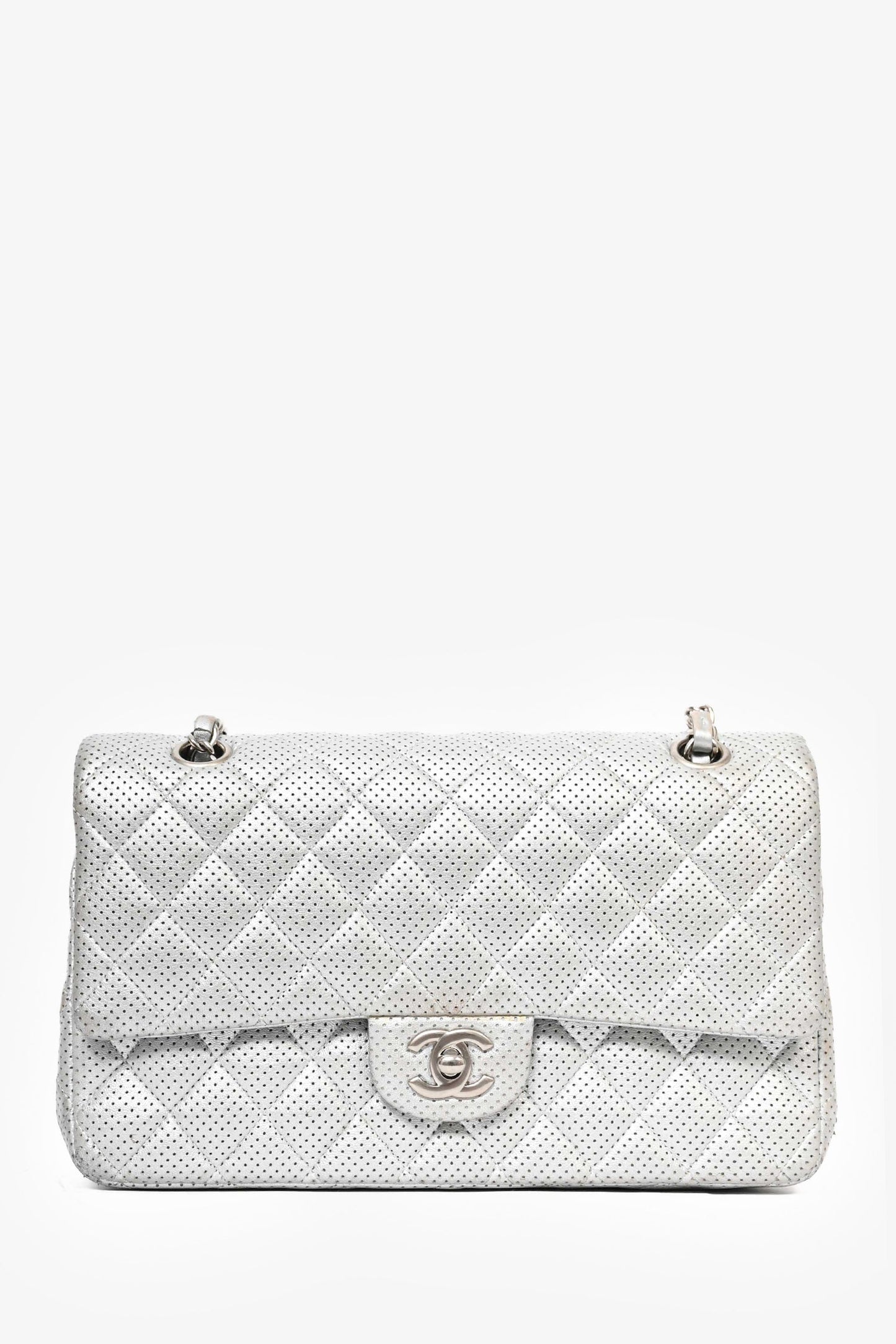 Chanel 2014 Silver Perforated Leather Medium Double Flap Shoulder Bag