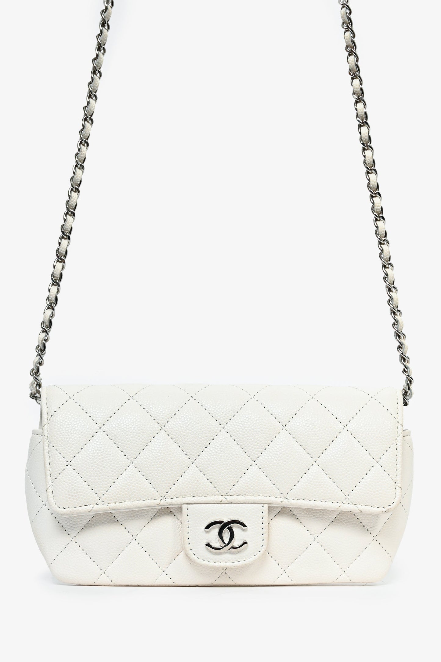 Chanel 2021 White Caviar Leather Sunglass Case with Chain Handbag