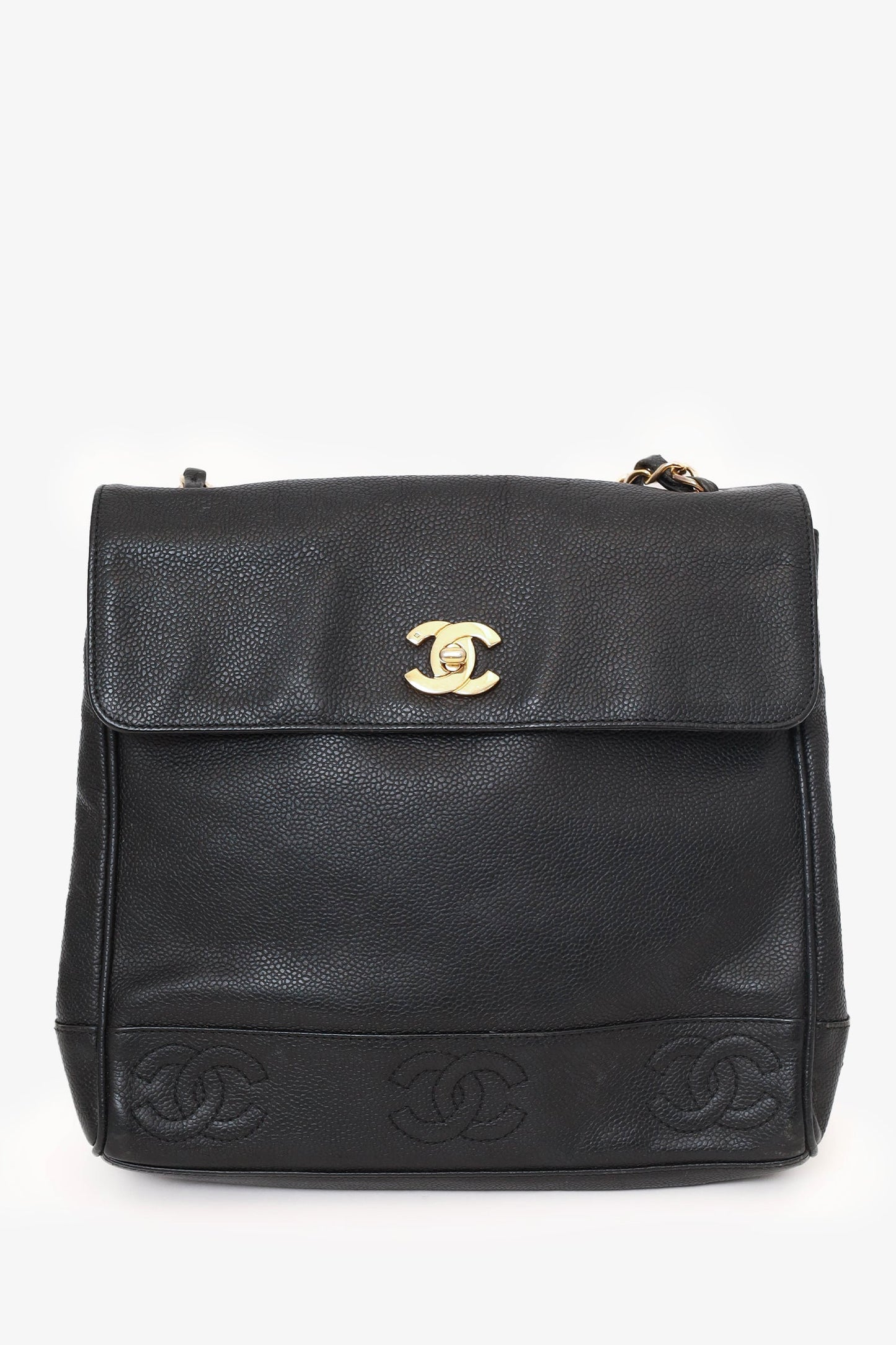 Chanel 1996-97 Black Caviar Leather Triple CC Shoulder Bag