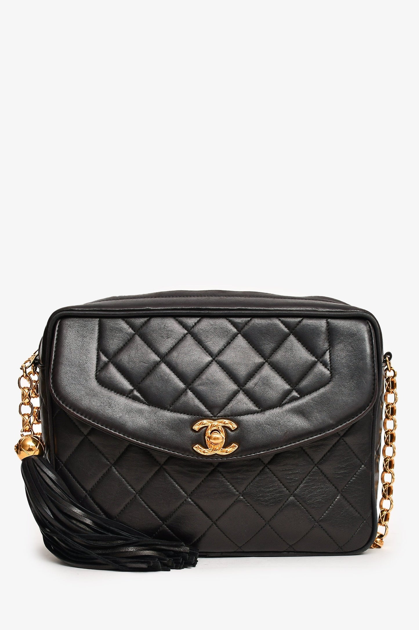 Chanel 1991-4 Black Leather Quilted Turn Lock Camera Crossbody