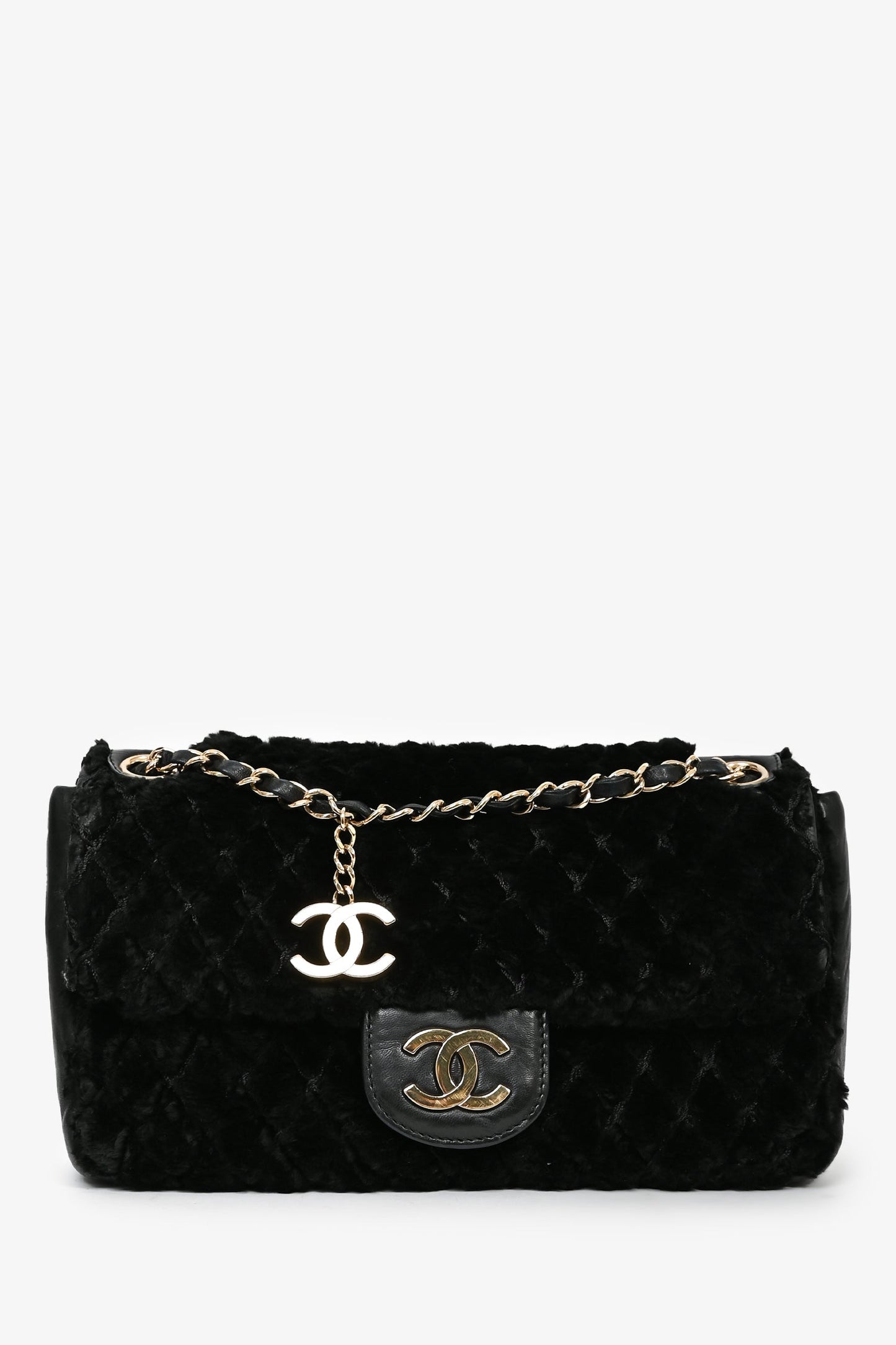 Chanel 2008/09 Black Rabbit Fur/Calfskin Leather Flap Bag