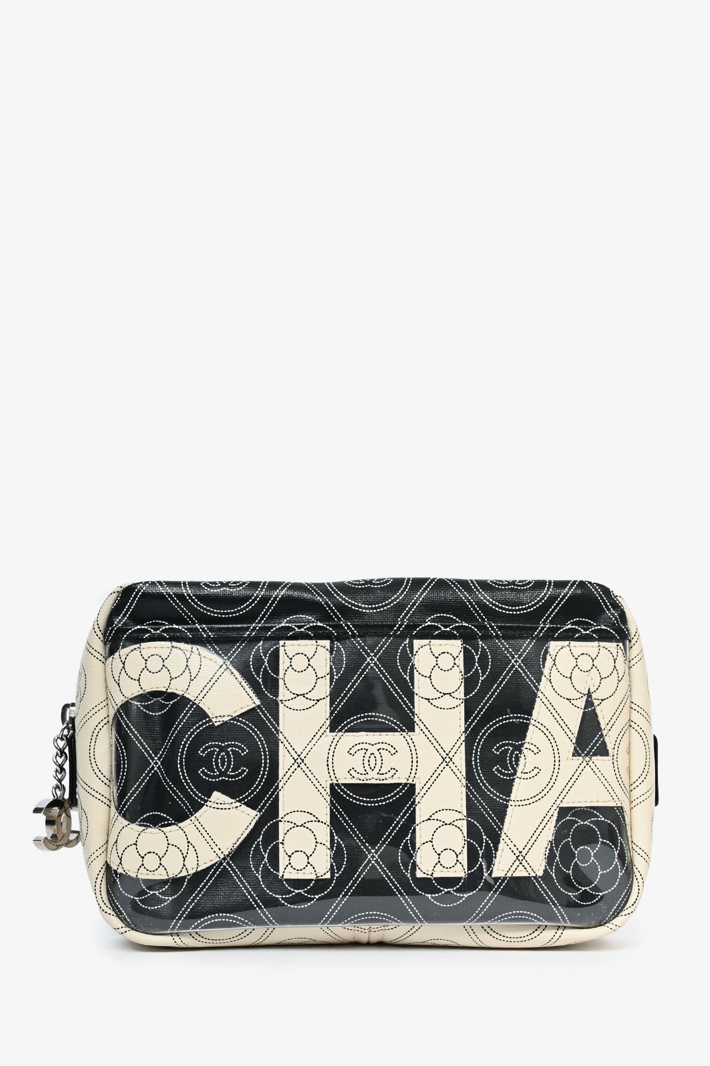 Chanel 2017/18 Black/White Coated Canvas Camellia Logo Camera Bag with Strap