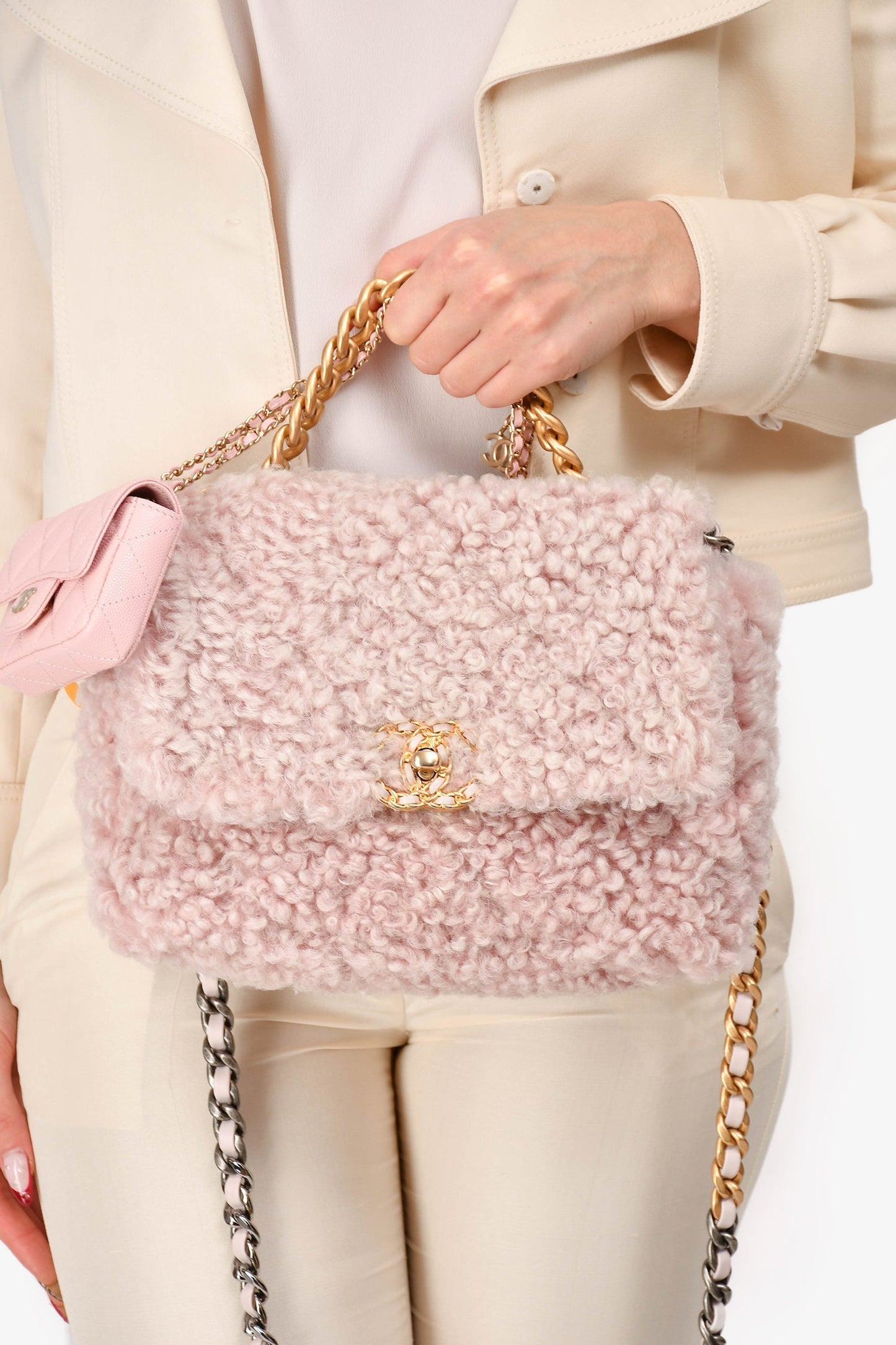 Chanel 2021 Pink Shearling 'Chanel 19' Medium Flap Shoulder Bag