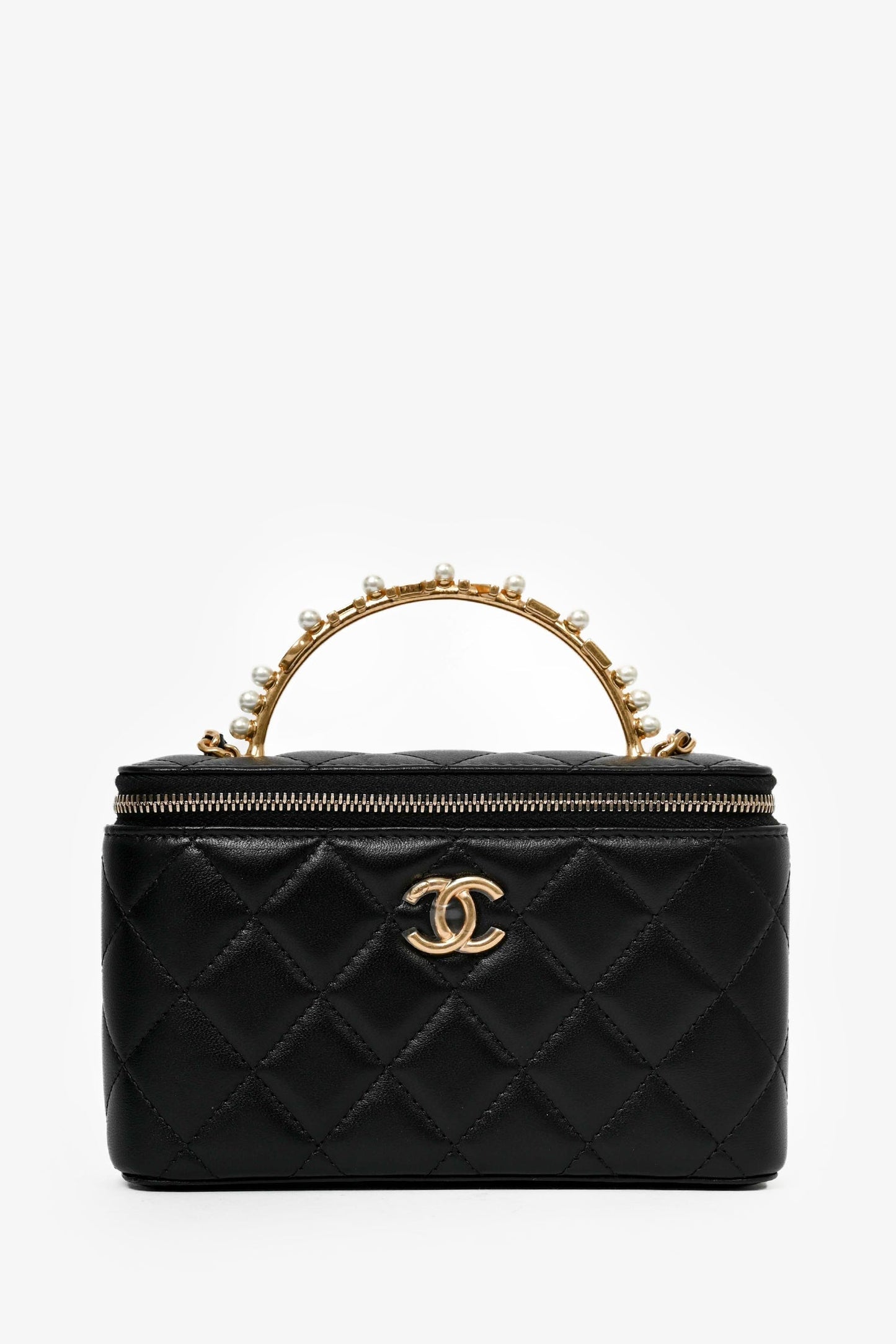 Chanel 2023 Black Lambskin Pearl CC Vanity Top Handle Handbag