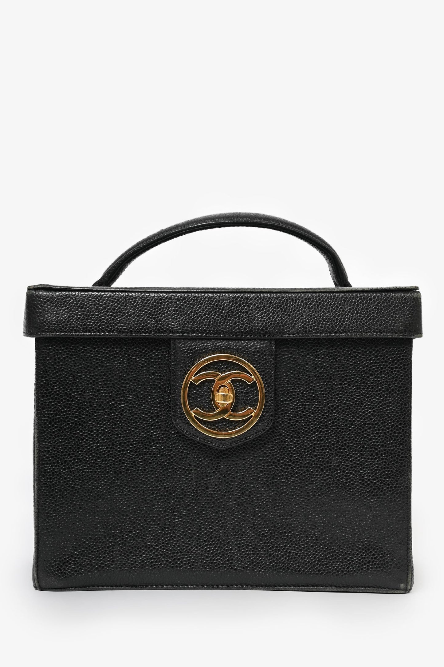 Chanel 1991-94 Black Caviar Leather CC Box Vanity Makeup Case with Chain Strap (As Is) Handbag