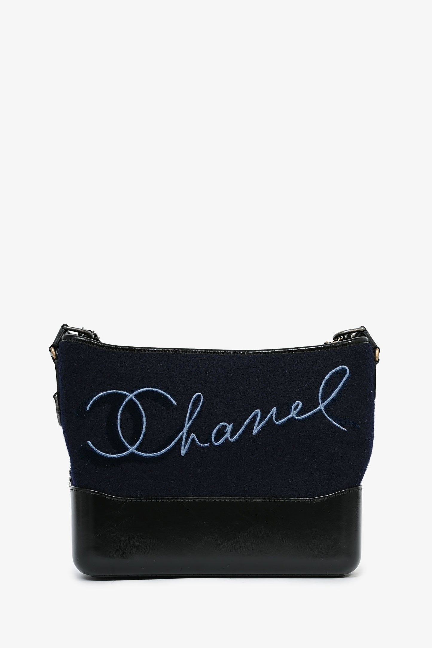 Chanel 2019 Navy Wool ' Hamburg' Embroidered Large Gabrielle Hobo Shoulder Bag