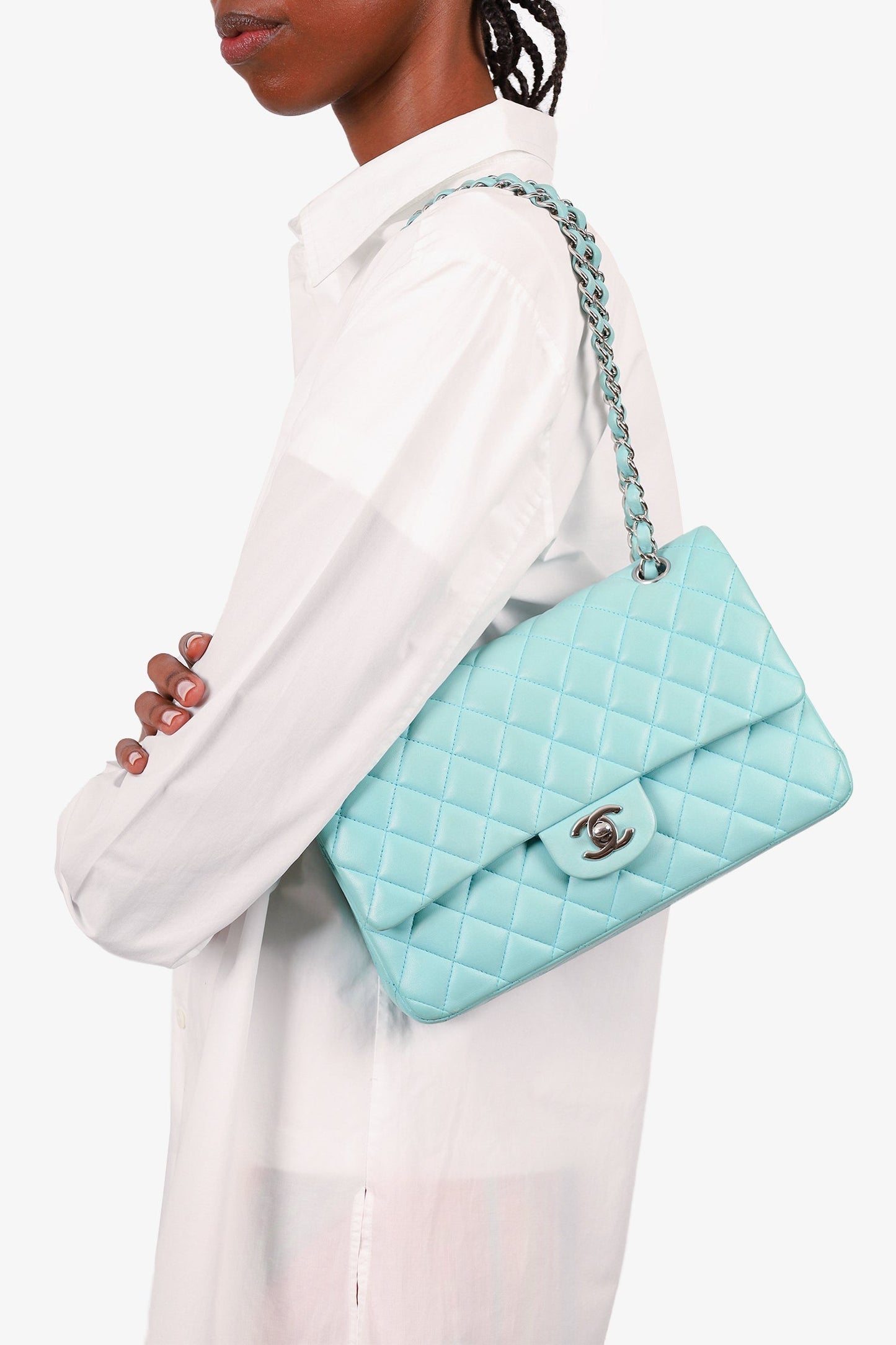 Chanel 2019 Turquoise Leather Quilted Double Flap (As Is) Shoulder Bag