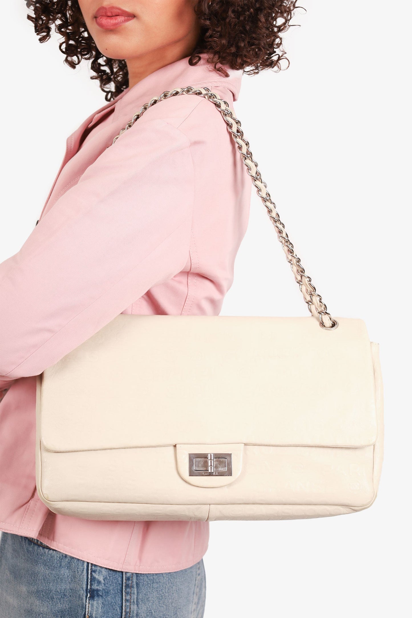 Chanel 2008-09 White Embossed CC Calfskin Unlimited Reissue 228 Flap Bag