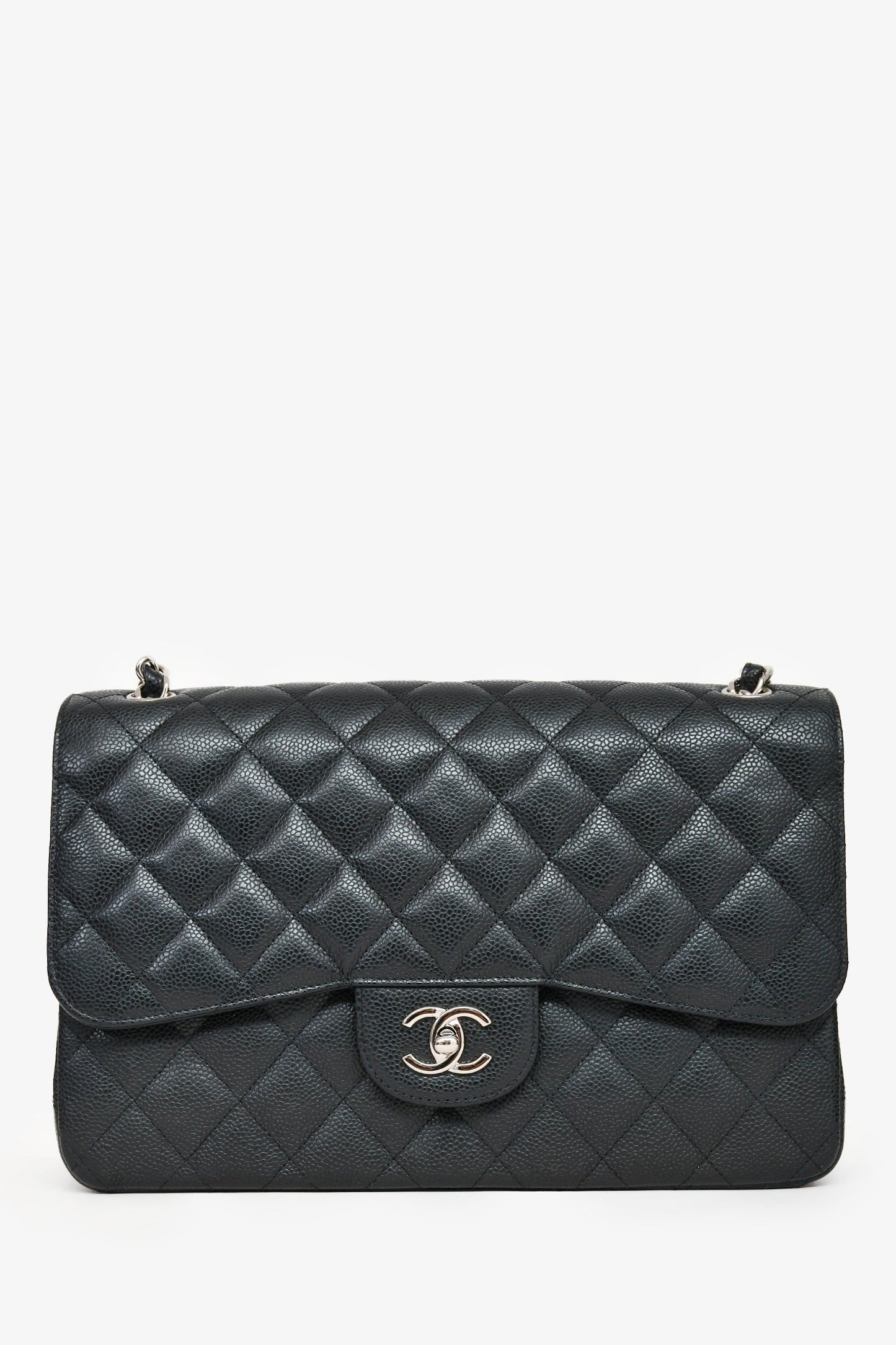Chanel 2014 Black Caviar Leather Jumbo Double Flap Shoulder Bag