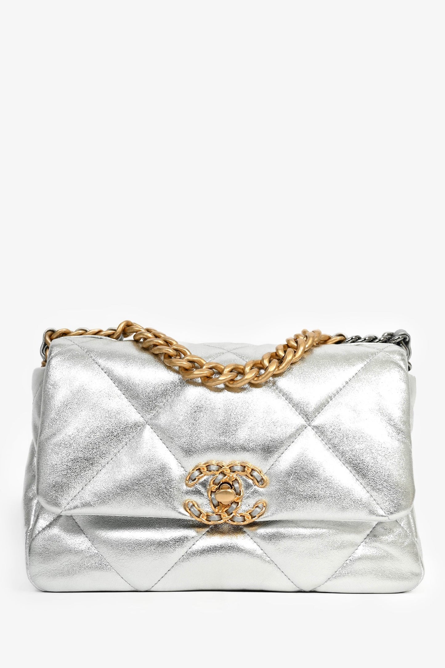 Chanel 2020 Silver Lambskin Medium 19 Flap Bag