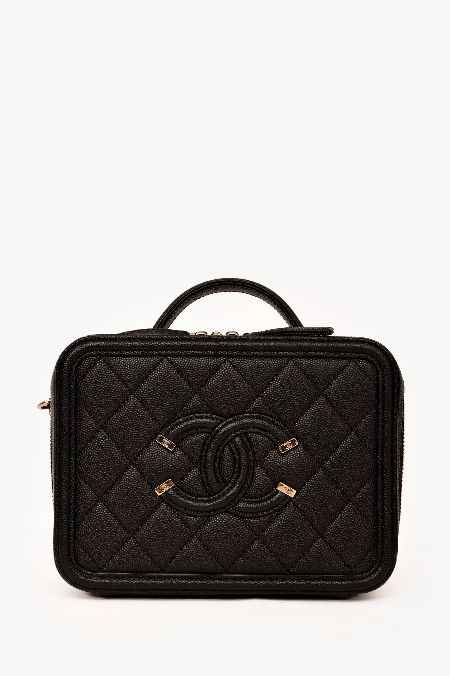 Chanel 2019-20 Black Caviar Leather Filigree Small Vanity Case Crossbody
