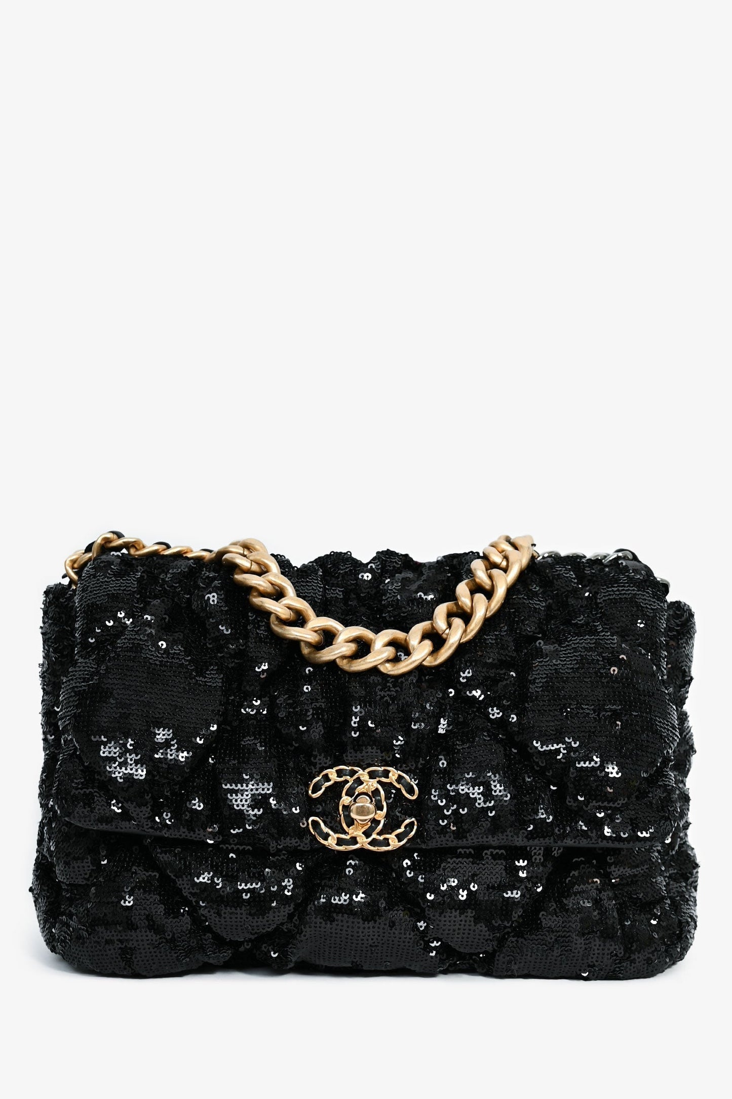 Chanel Black Sequin Tweed Large 19 Flap Bag