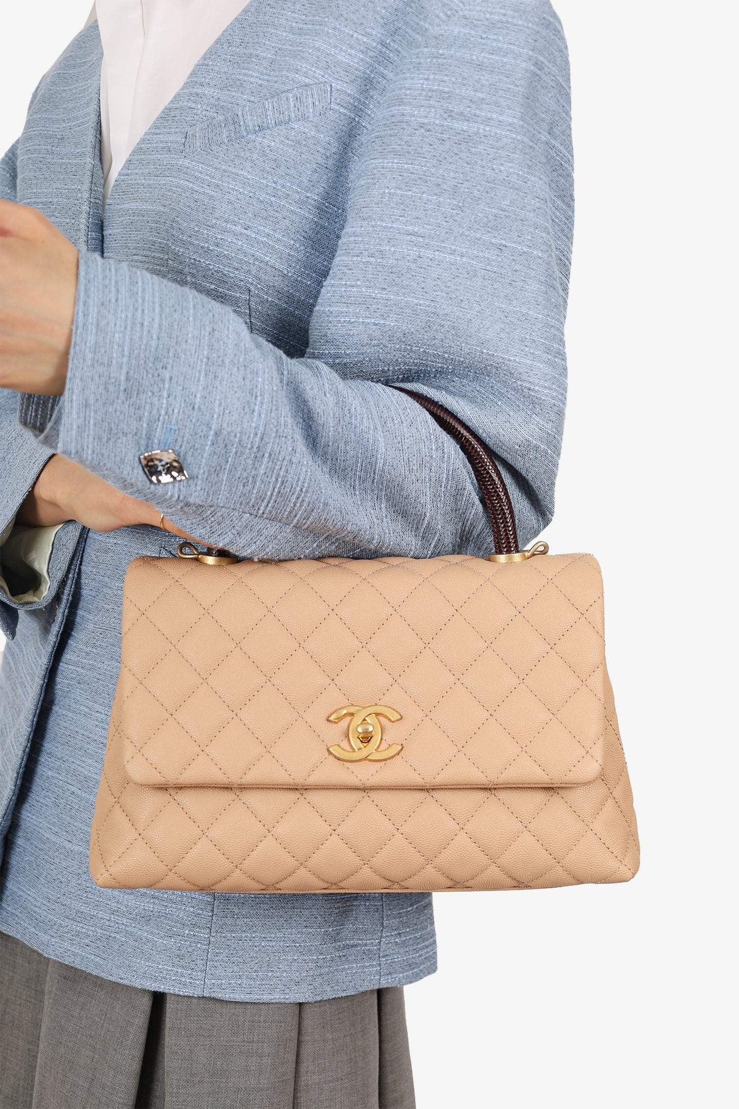 Chanel 2019-20 Beige Caviar Leather Small Coco Handle with Strap Handbag