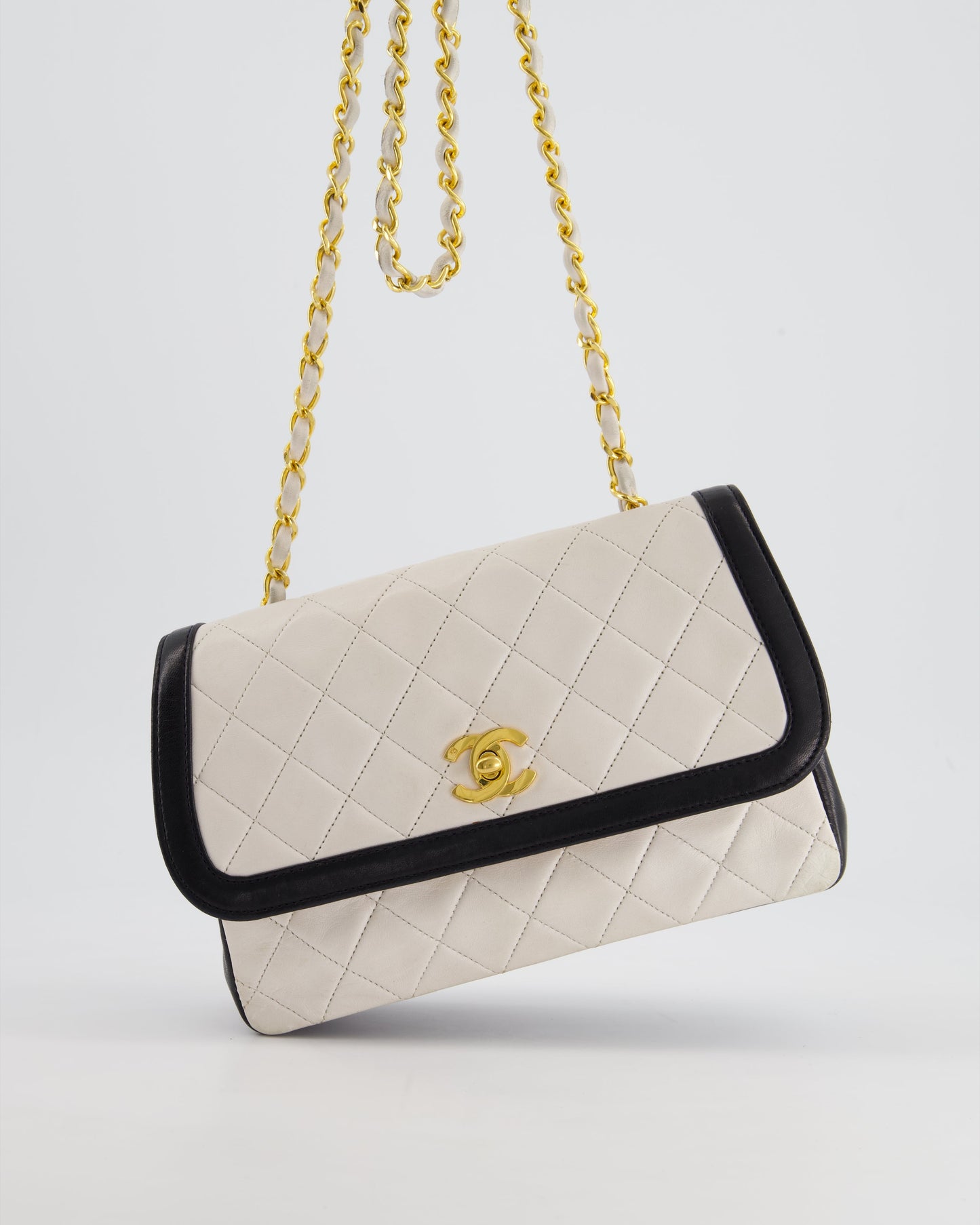 Chanel White, Black Trim Matelasse Cross-Body Bag in Lambskin Leather with 24K Gold Hardware