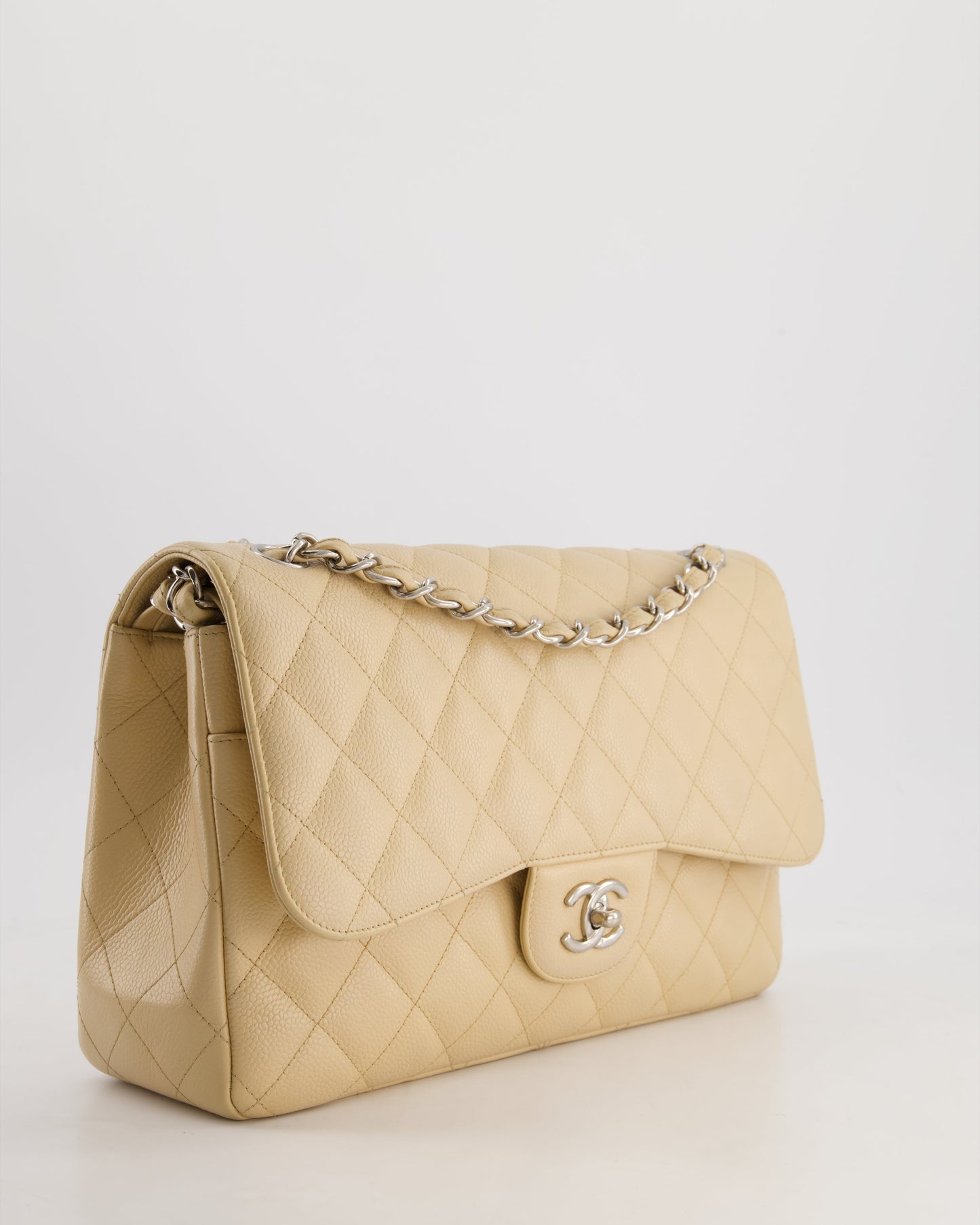 Chanel Beige Jumbo Classic Double Flap Bag in Caviar Leather with Silver Hardware RRP ¬ £9,240