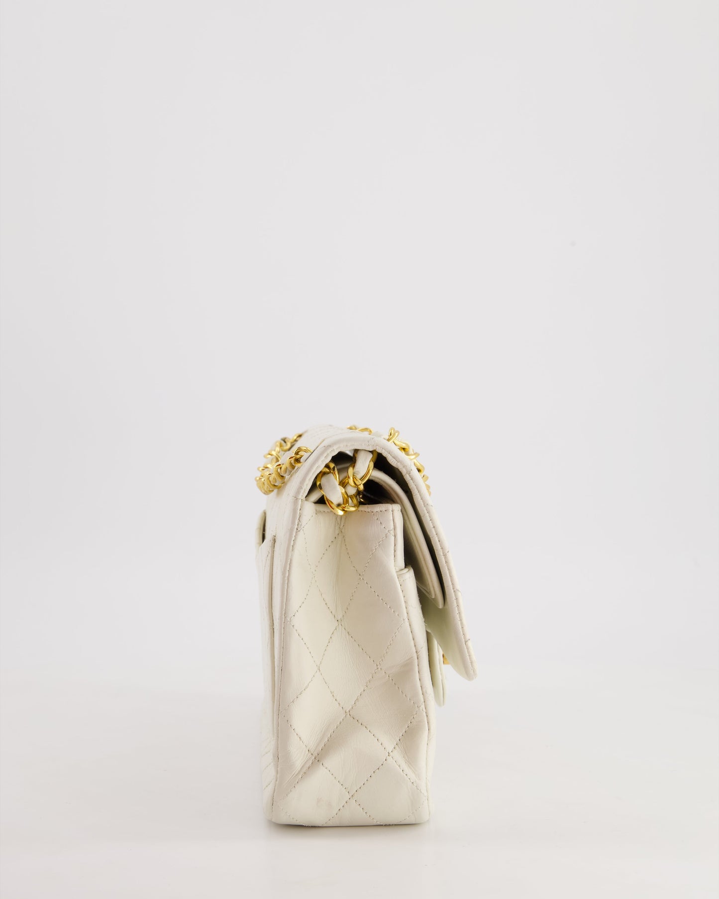Chanel White Medium Classic Double Flap Bag in Lambskin Leather with 24K Gold Hardware