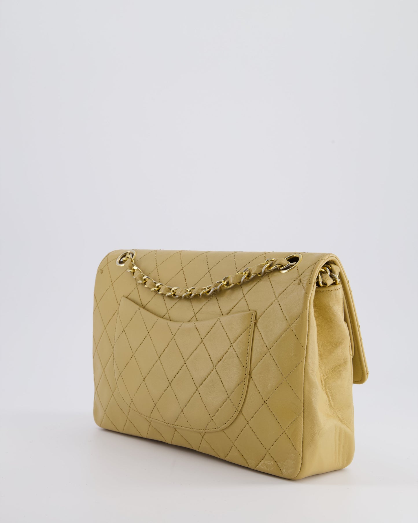 Chanel Chai Beige Classic Medium Stitched Edge Double Flap Bag in Lambskin Leather with 24K Gold Hardware