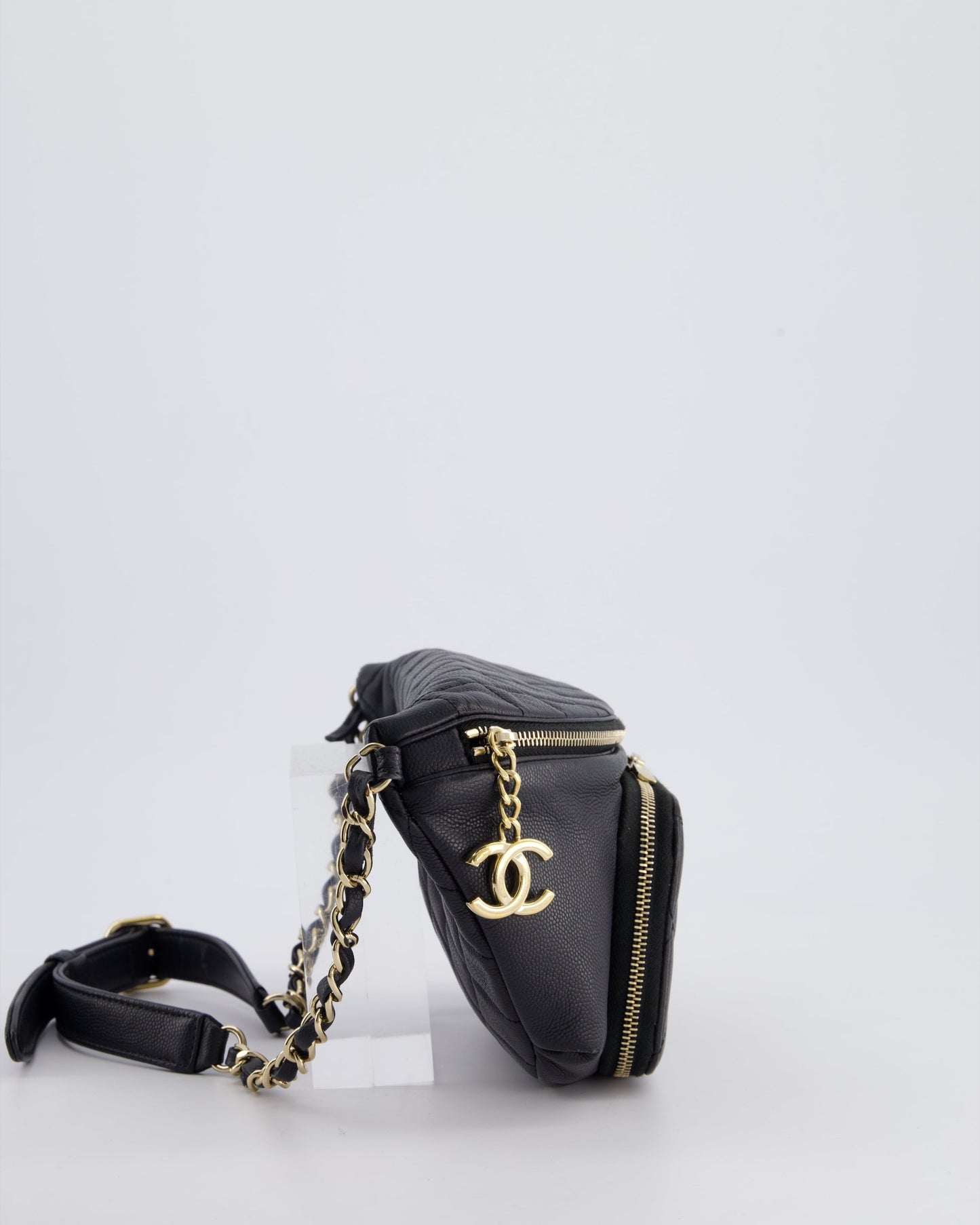 Chanel Black Quilted Business Affinity Bum Bag in Caviar Leather with Champagne Gold Hardware and Logo Zip