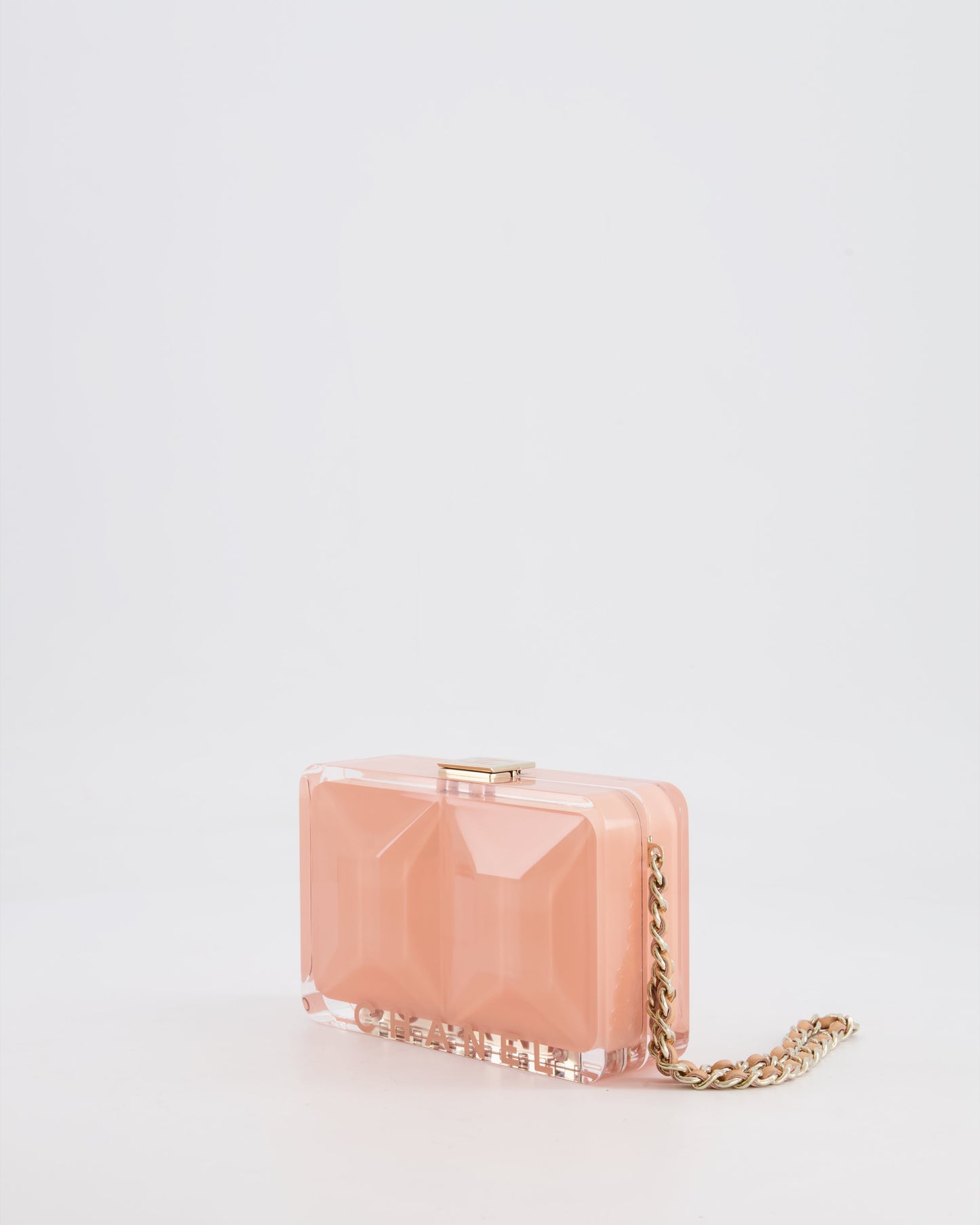 Chanel Pink Plexiglass Clutch Bag With Champagne Hardware and Logo Detail