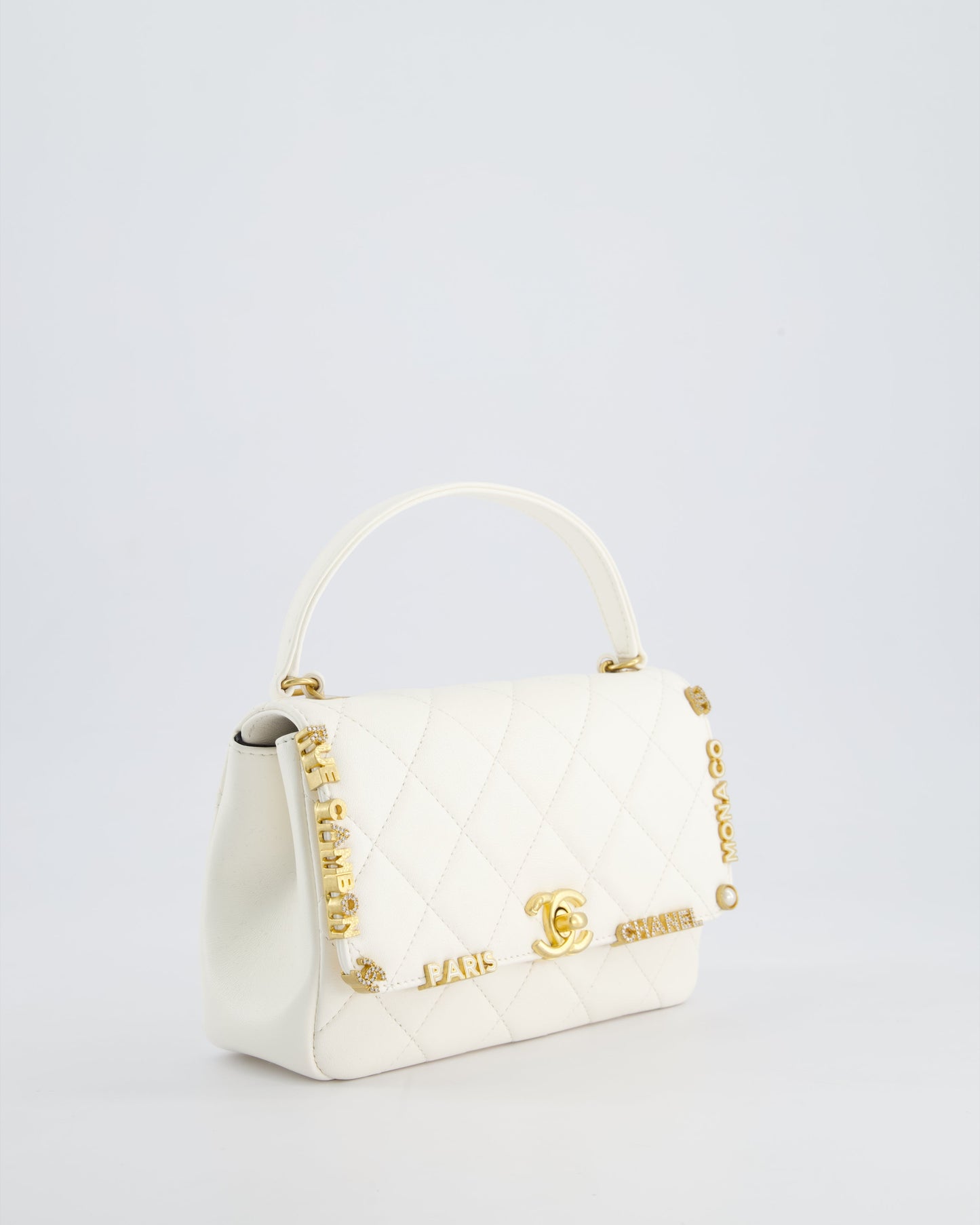 *LIMITED EDITION* Chanel White Monaco Mini Single Flap Bag with Black Interior, Crystal Details and Brushed Gold Hardware