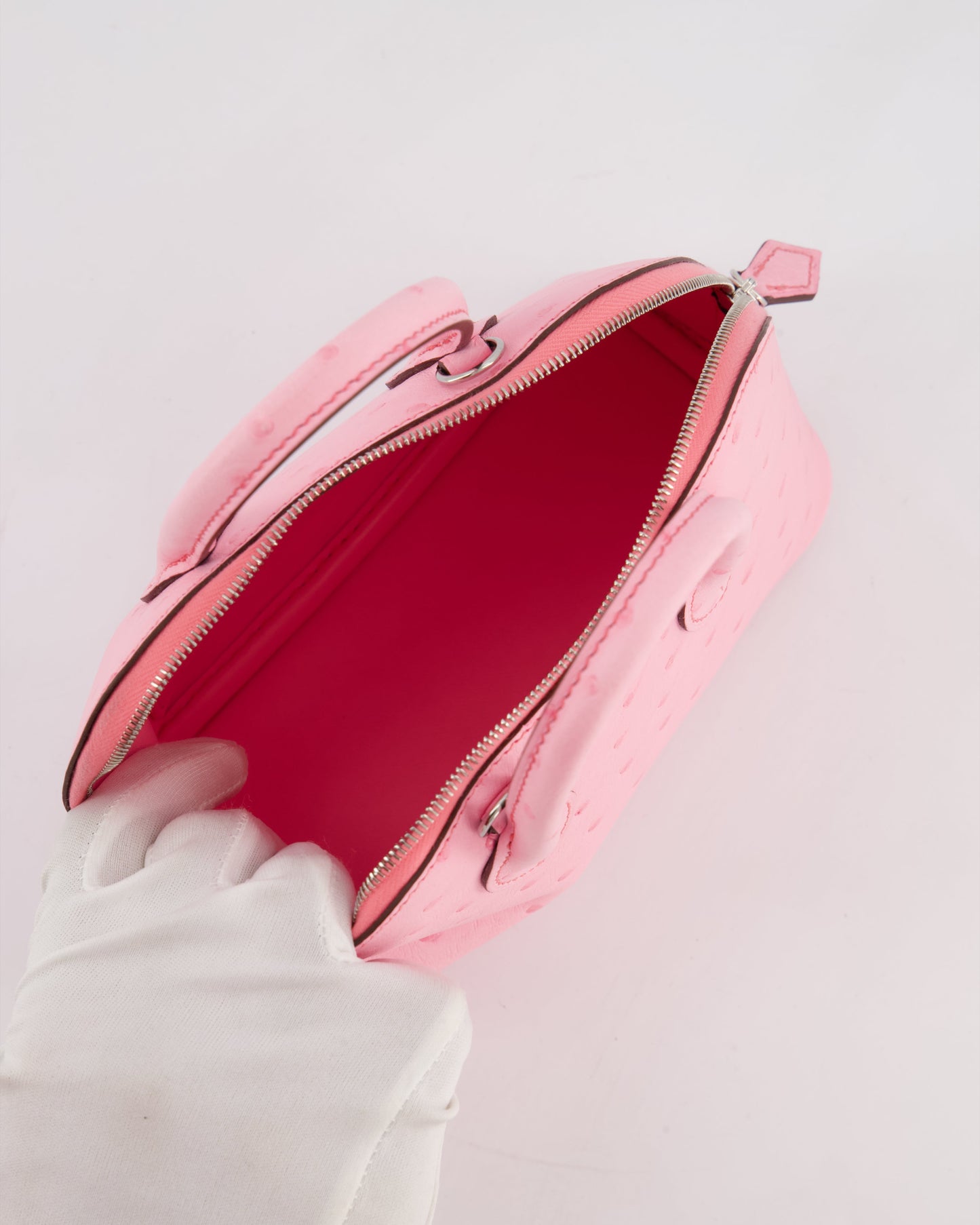 *HOT* Hermes Mini Bolide Bag in Rose Bubblegum Ostrich Leather with Palladium Hardware