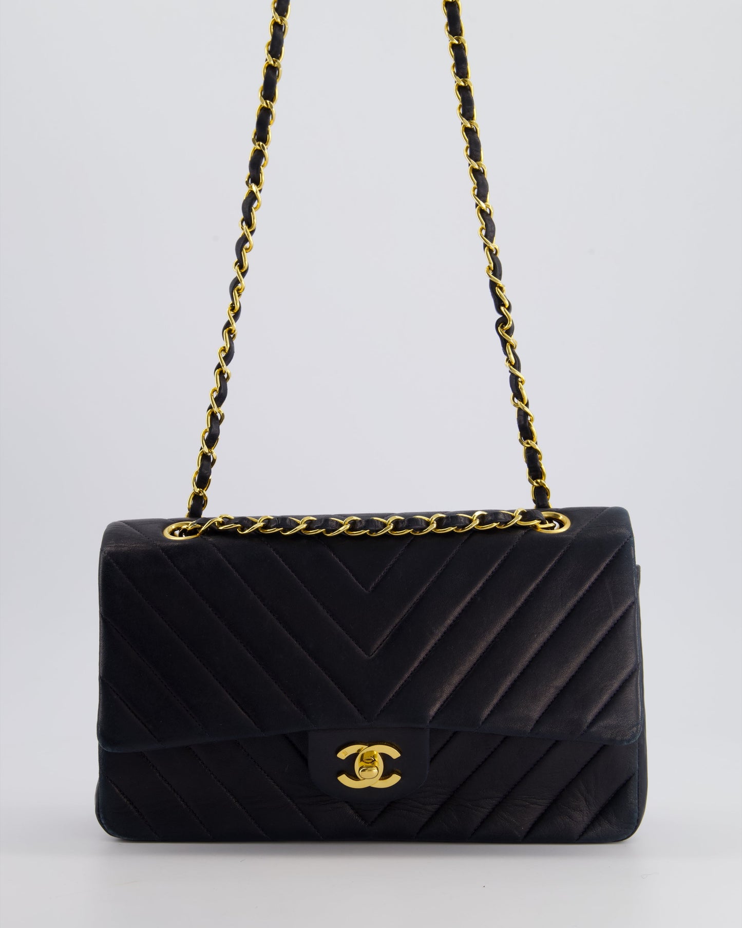Chanel Navy Classic Medium Chevron Double Flap Bag in Lambskin Leather with 24K Gold Hardware