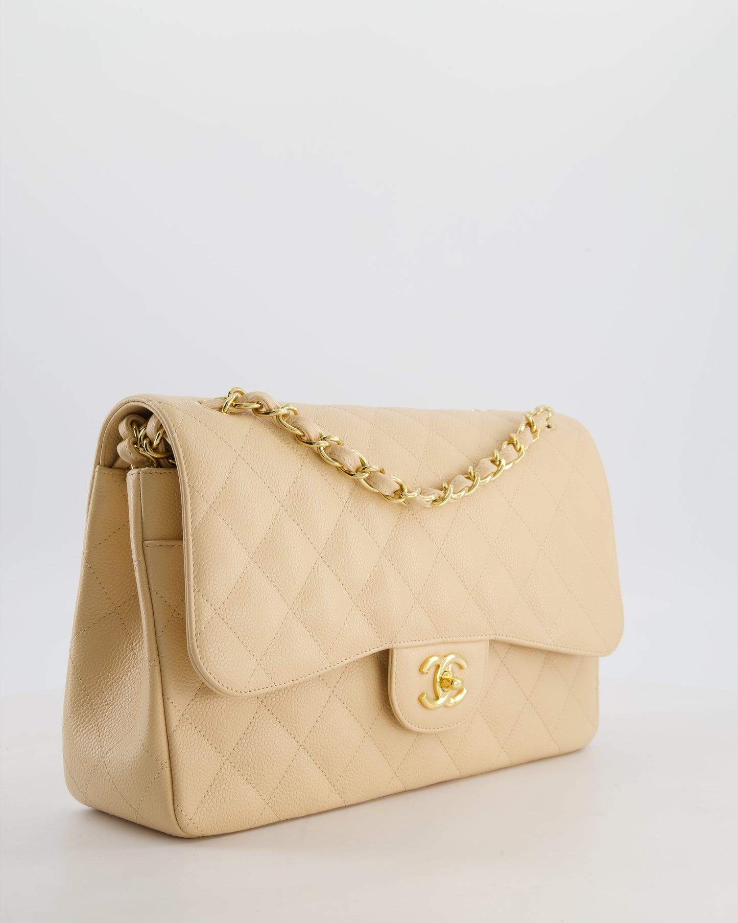 *HOT* Chanel Beige Jumbo Classic Double Flap Bag in Caviar Leather with Gold Hardware