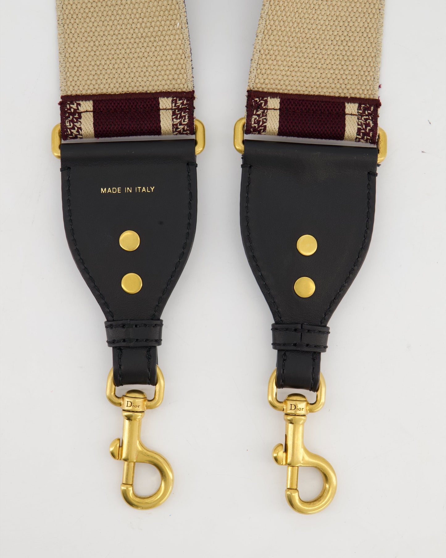 Christian Dior Burgundy & Ecru Canvas Guitar Bag Strap with Antique Gold Hardware & Black Leather