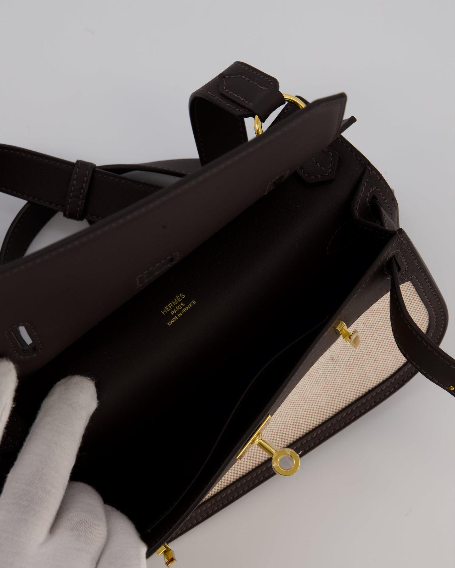 Hermes Mini Jypsiere Crossbody Bag in Bai Brun Swift Leather and Cream Canvas with Gold Hardware