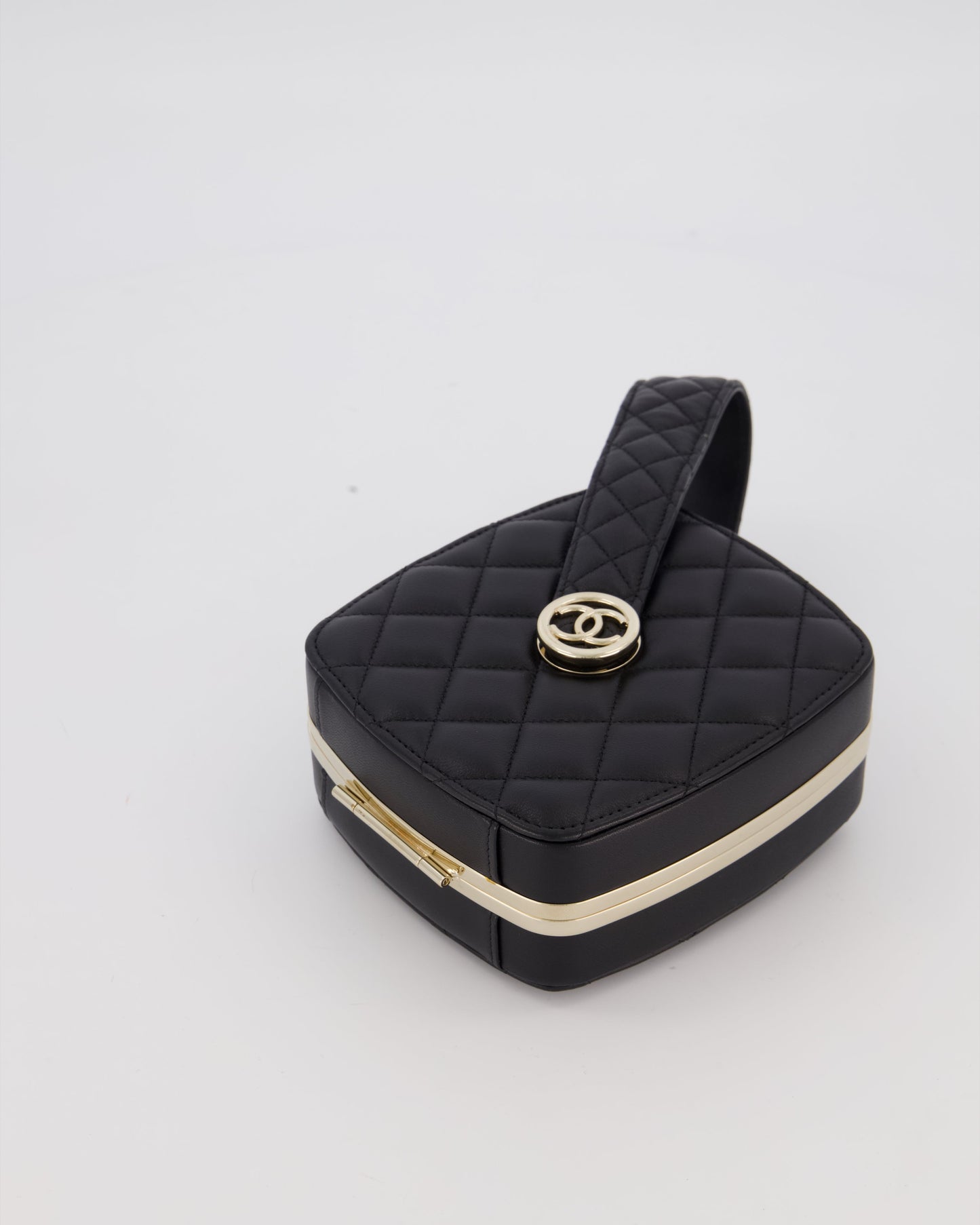 Chanel 22P Makeup Top Handle Clutch Bag in Black Lambskin with Champagne Gold Hardware and CC Logo Detail