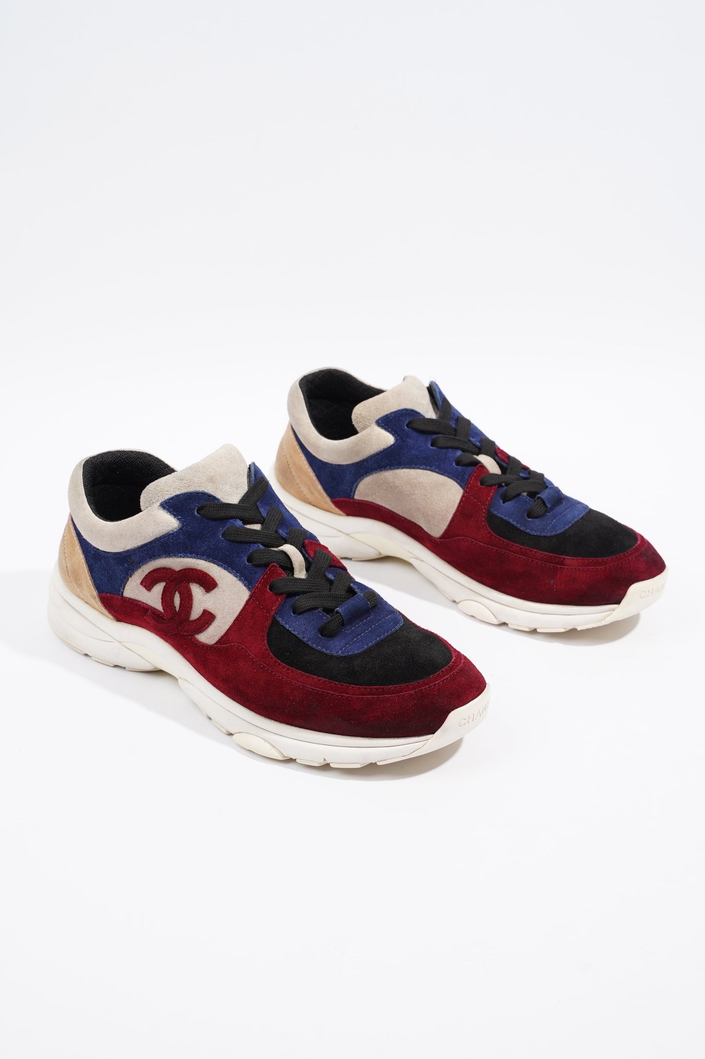 Chanel CC Logo Sneaker Maroon Navy Beige Suede EU 41.5 UK 7.5