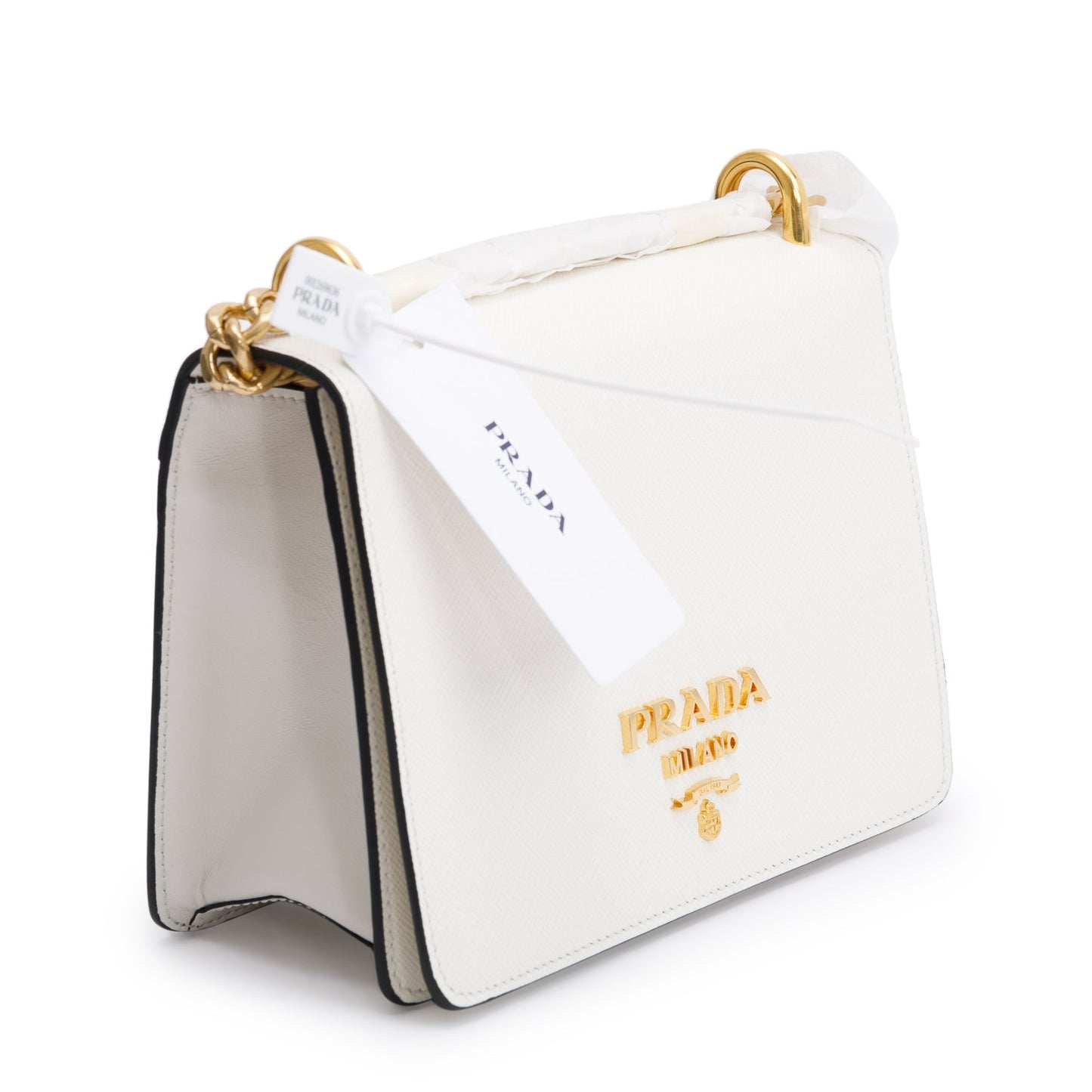Prada White Saffiano Soft Calf Leather Chain Crossbody Bag