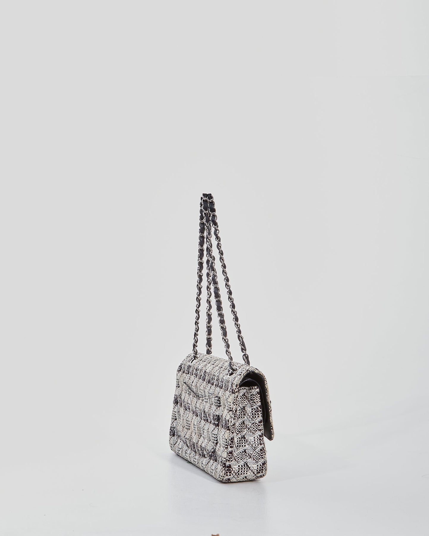 Chanel Black White Tweed Fabric Classic Double Flap Bag