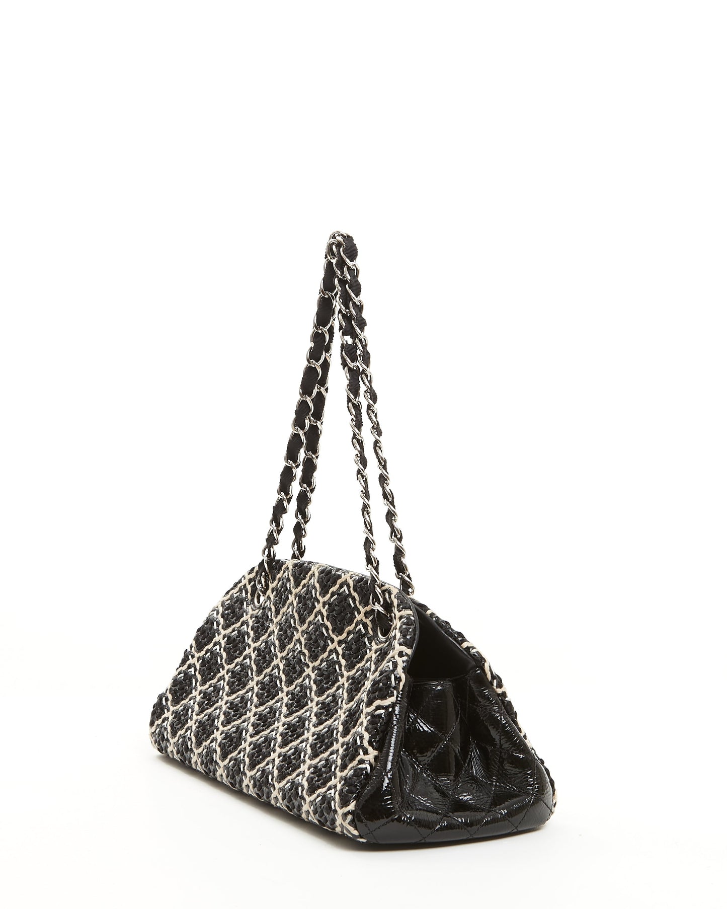 Chanel Black White Tweed Patent Leather Bowling Shoulder Bag