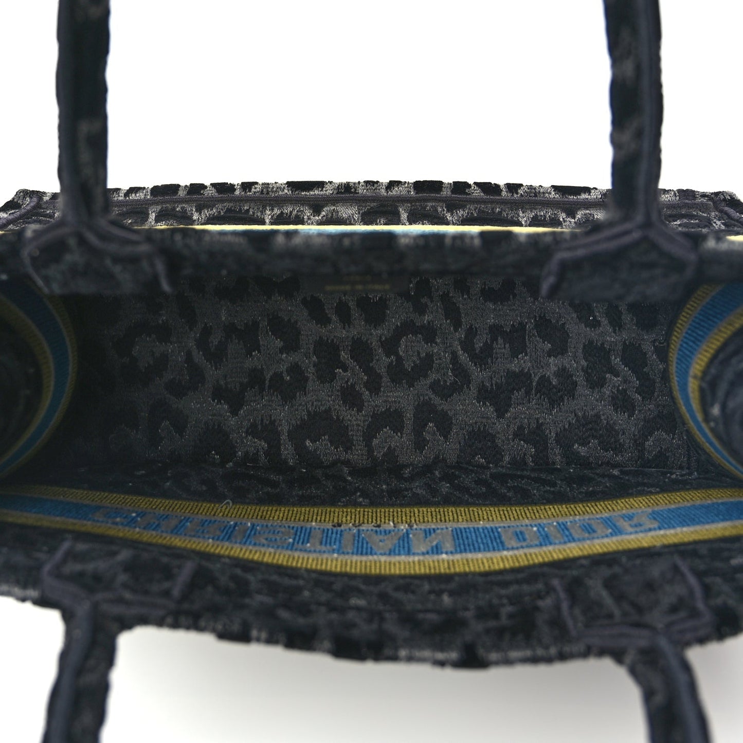 Christian Dior Velvet Mizza Embroidered Medium Leopard Book Tote Black Yellow Blue