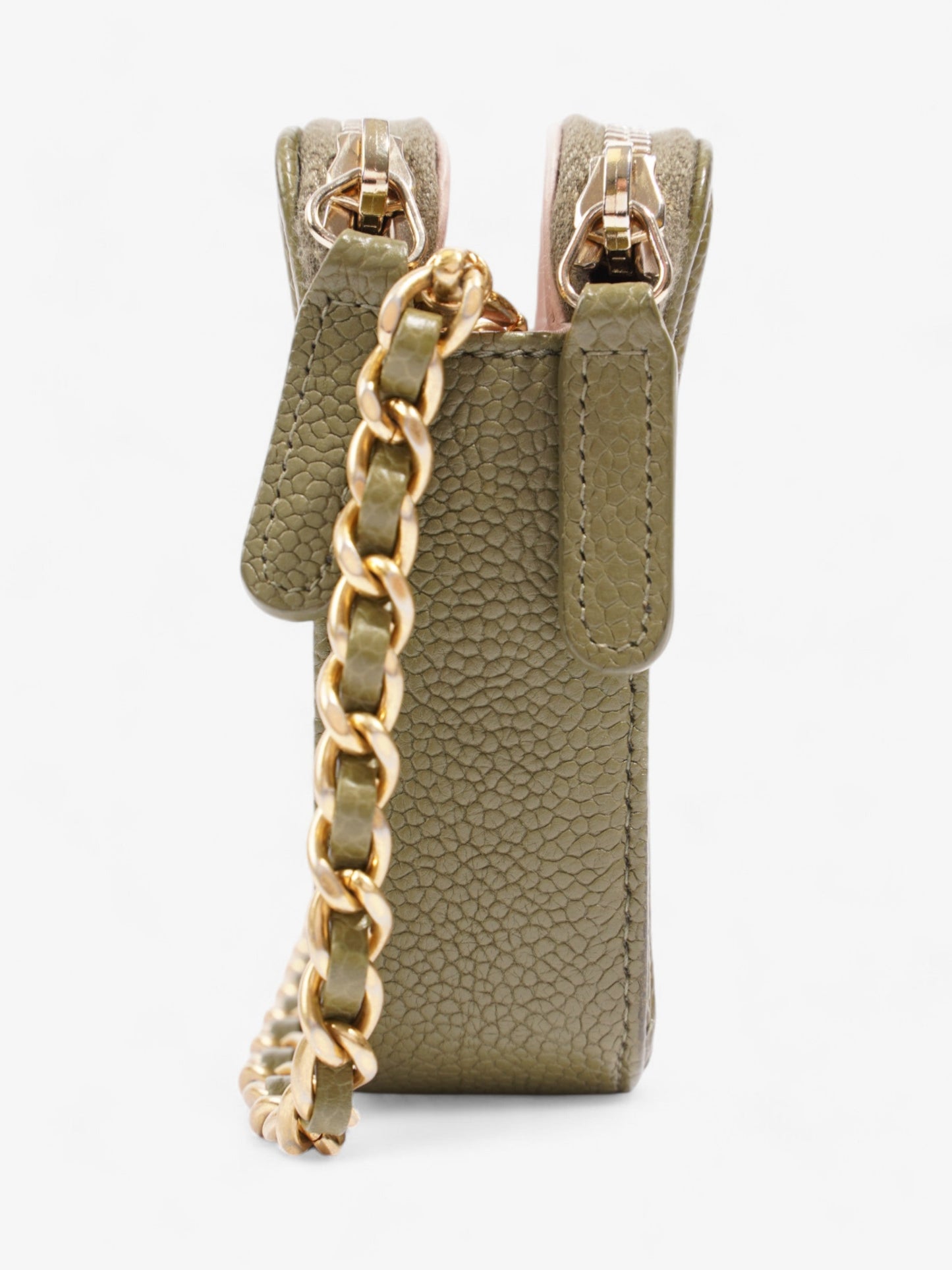 Chanel Double Zip Clutch On Chain Khaki Caviar Leather
