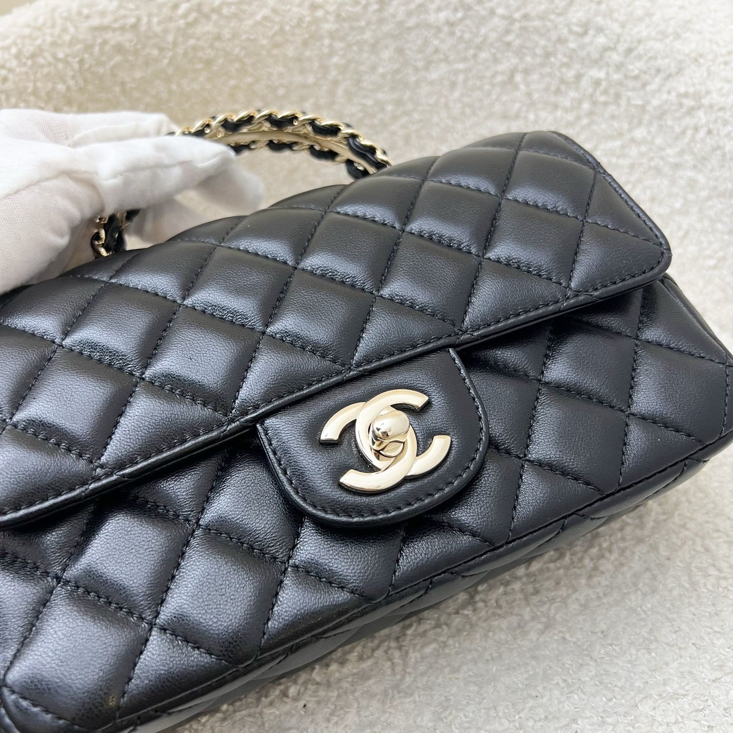 Chanel 23A Mini Rectangle Flap with Crystals Top Handle in Black Lambskin and LGHW (Model: AS4141) Handbag