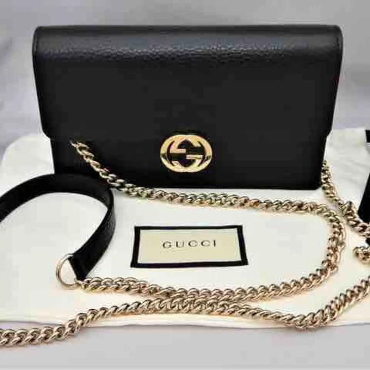 Gucci Interlocking G Black Leather Chain Crossbody