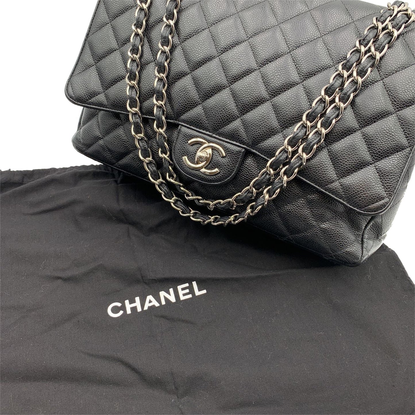 CHANEL Black Quilted Caviar Maxi Timeless Classic 2 55 Double Flap Bag