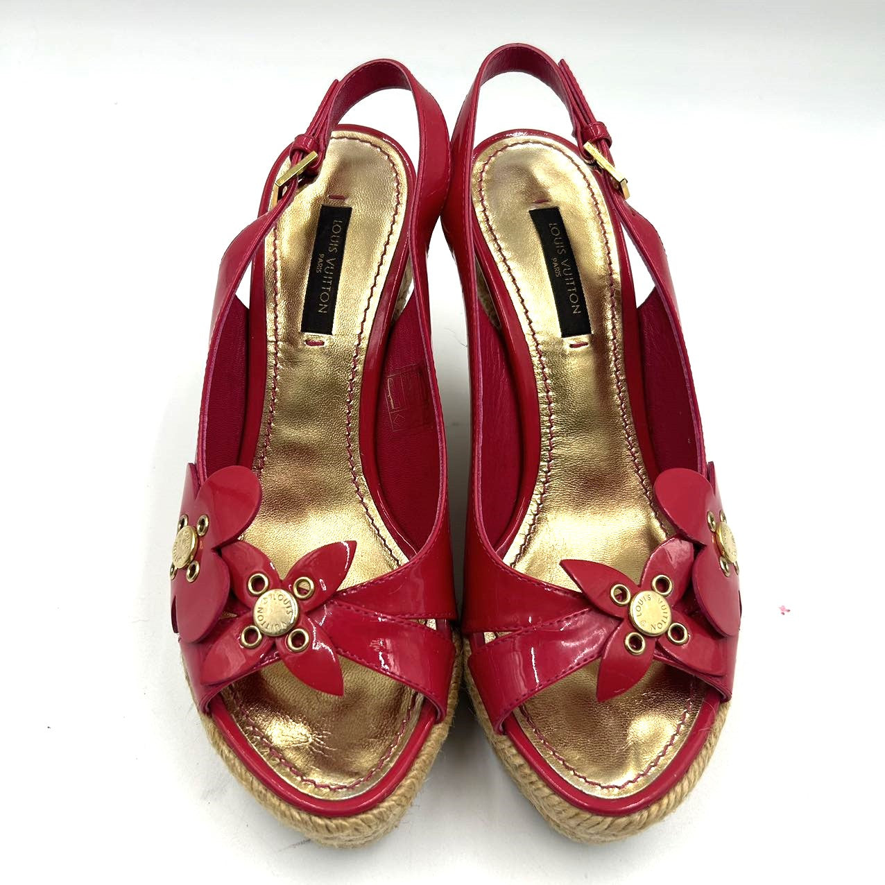 LOUIS VUITTONPatent Leather Jute Wedge Platform Sandal