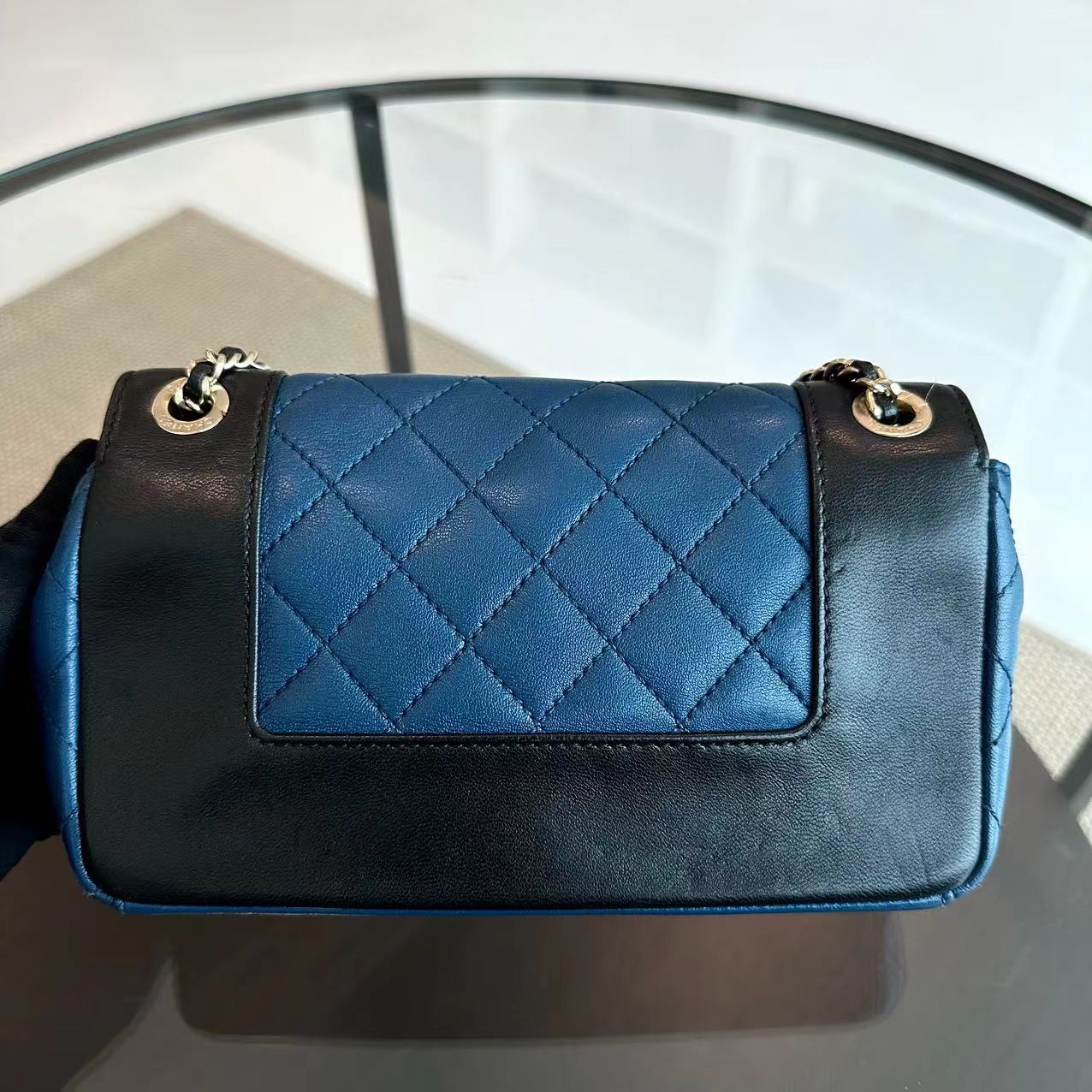 Chanel Seasonal Flap - Mademoiselle Small 23CM Calfskin Two-Tone Black Blue Golden Hardware Series 23
