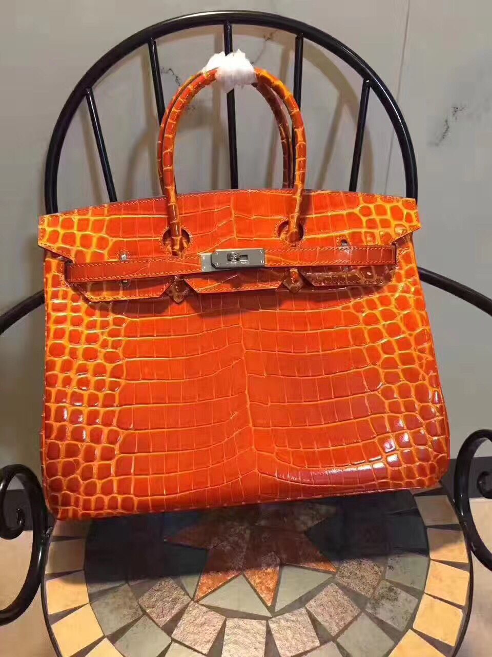 Luxury Hermes Birkin 35cm Crocodile Leather Handbag Orange Silver