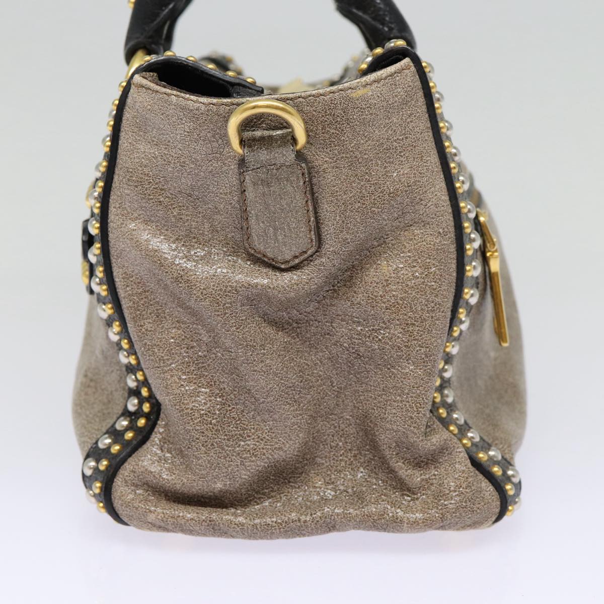 PRADA Studs Hand Bag Leather 2way Gray Gold Auth