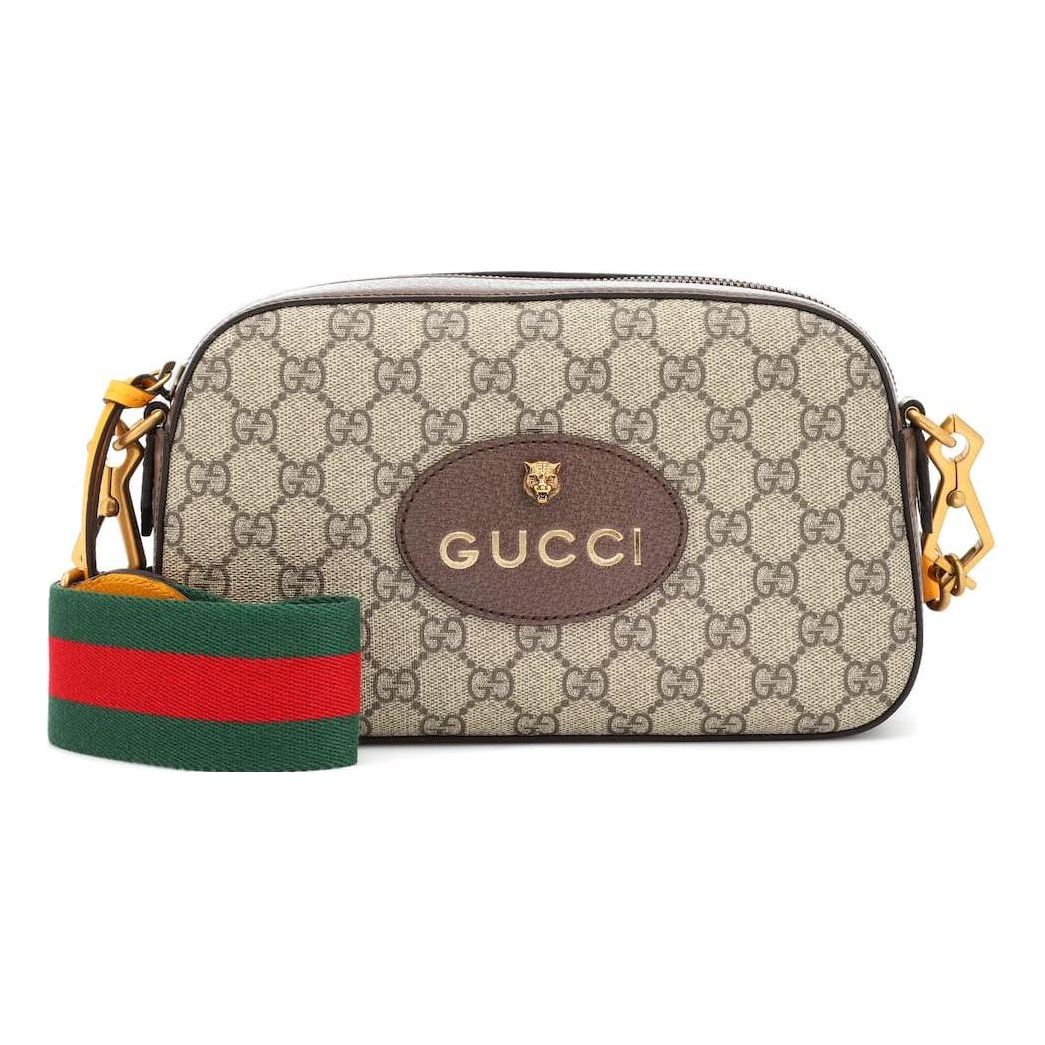GUCCI Neo Metallic Tiger Head Logo Stripe Webbing Shoulder Messenger Bag Unisex / / Brown / Yellow 476466-K9GVT-8856