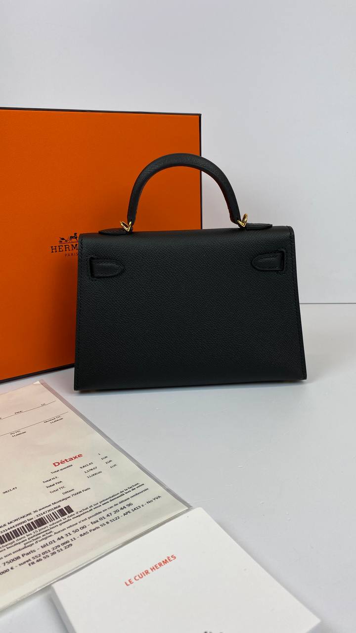 Luxury Hermes Kelly 20 Mini Sellier Bag Black Epsom Gold Hardware