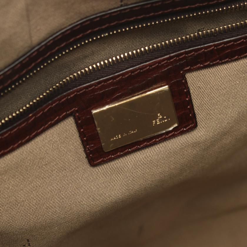Fendi Zucchino Handbag Tote Bag Canvas Leather Beige Dark Brown