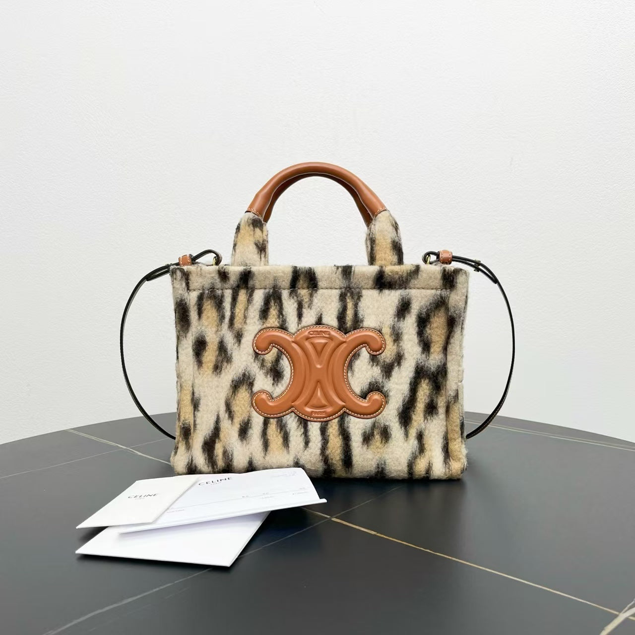 Luxury CELINE Triomphe Two-Way Bag Beige Faux Fur Shoulder Bag